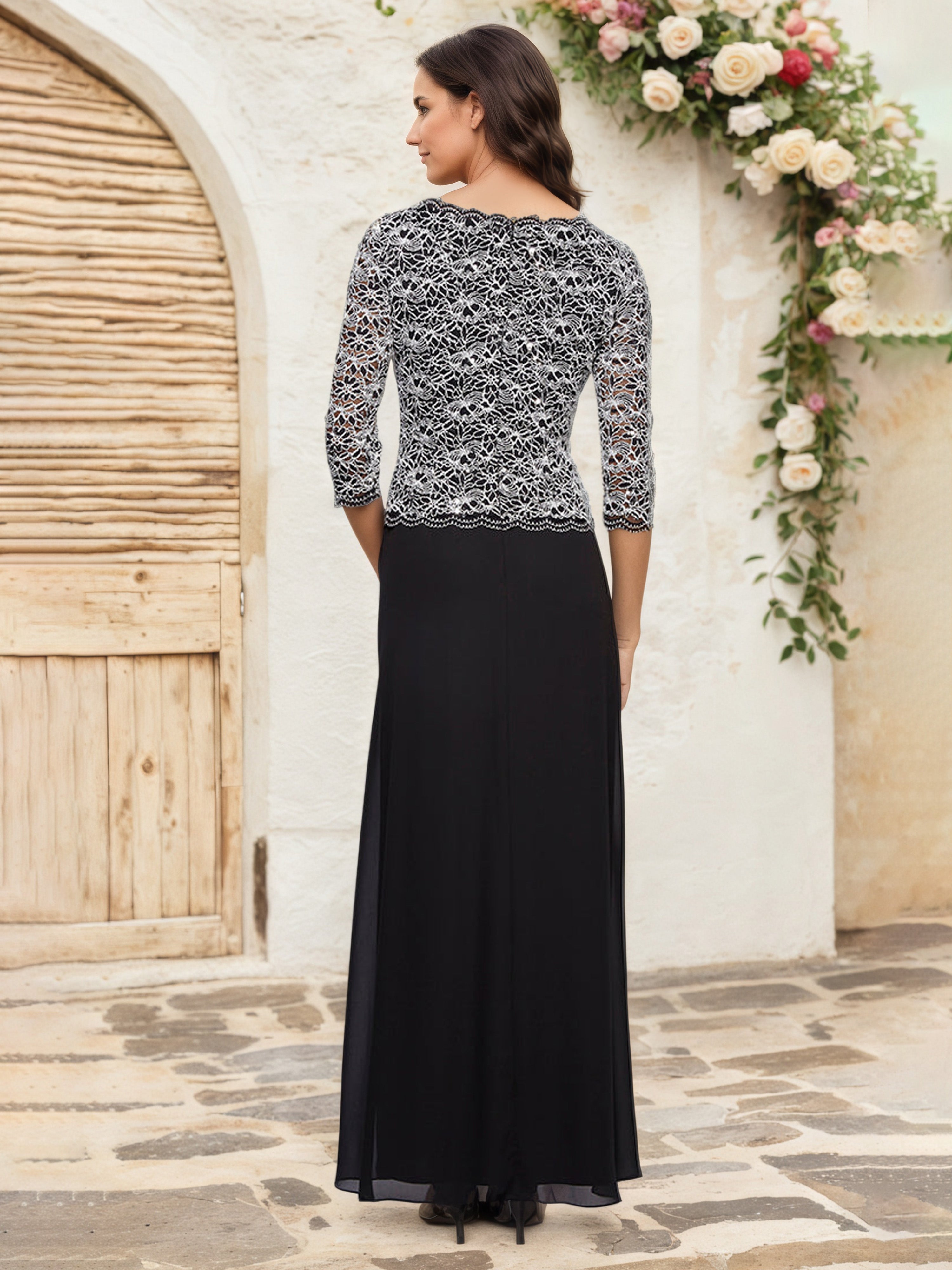 Round Neck 2 Pieces A Line 3/4 Length Sleeves Black Mother Of Groom Dresses Suits