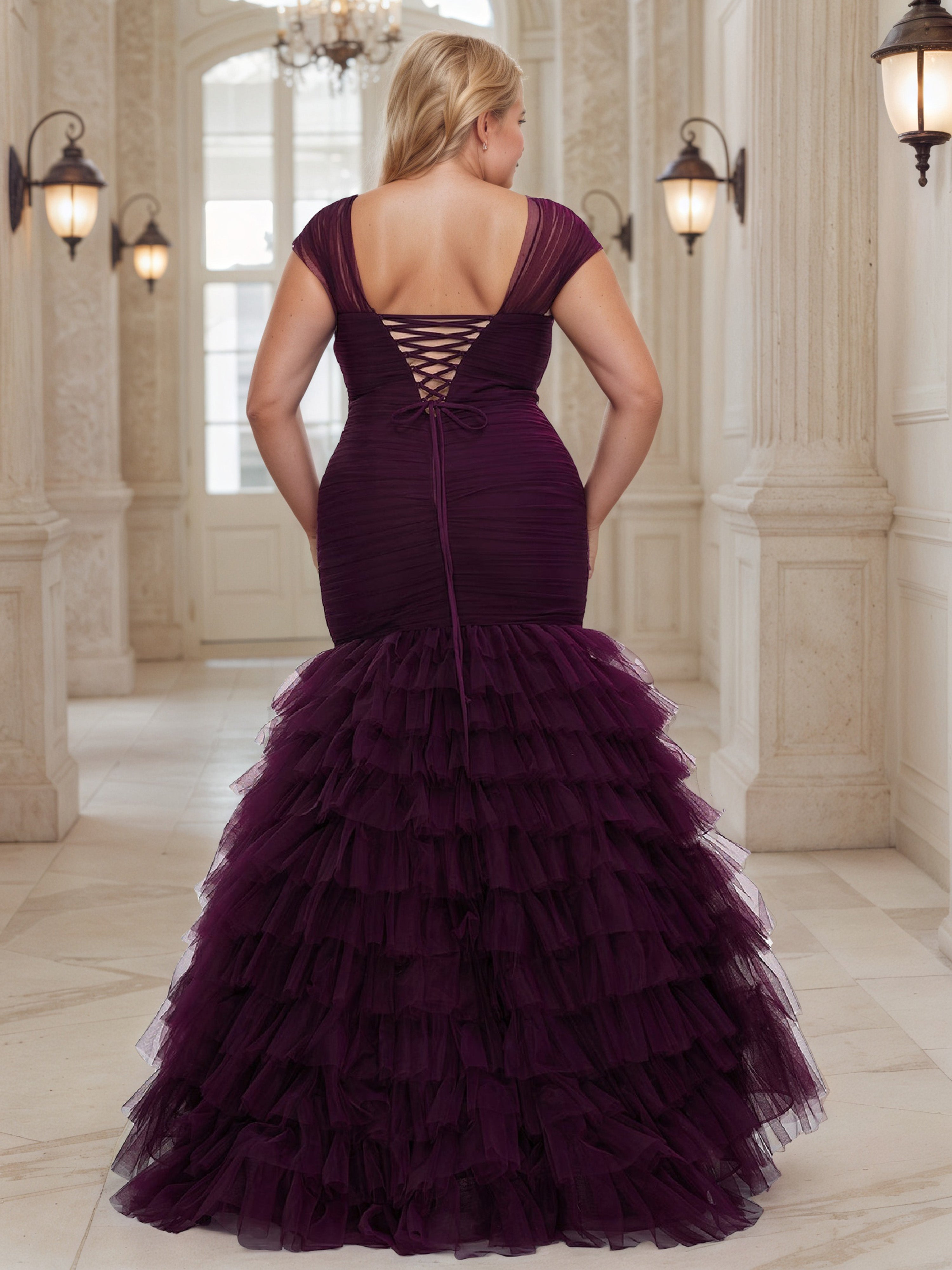 Cap Sleeves V-Neck Prom Dress Sheath Aubergine Layers Plus Size Dress