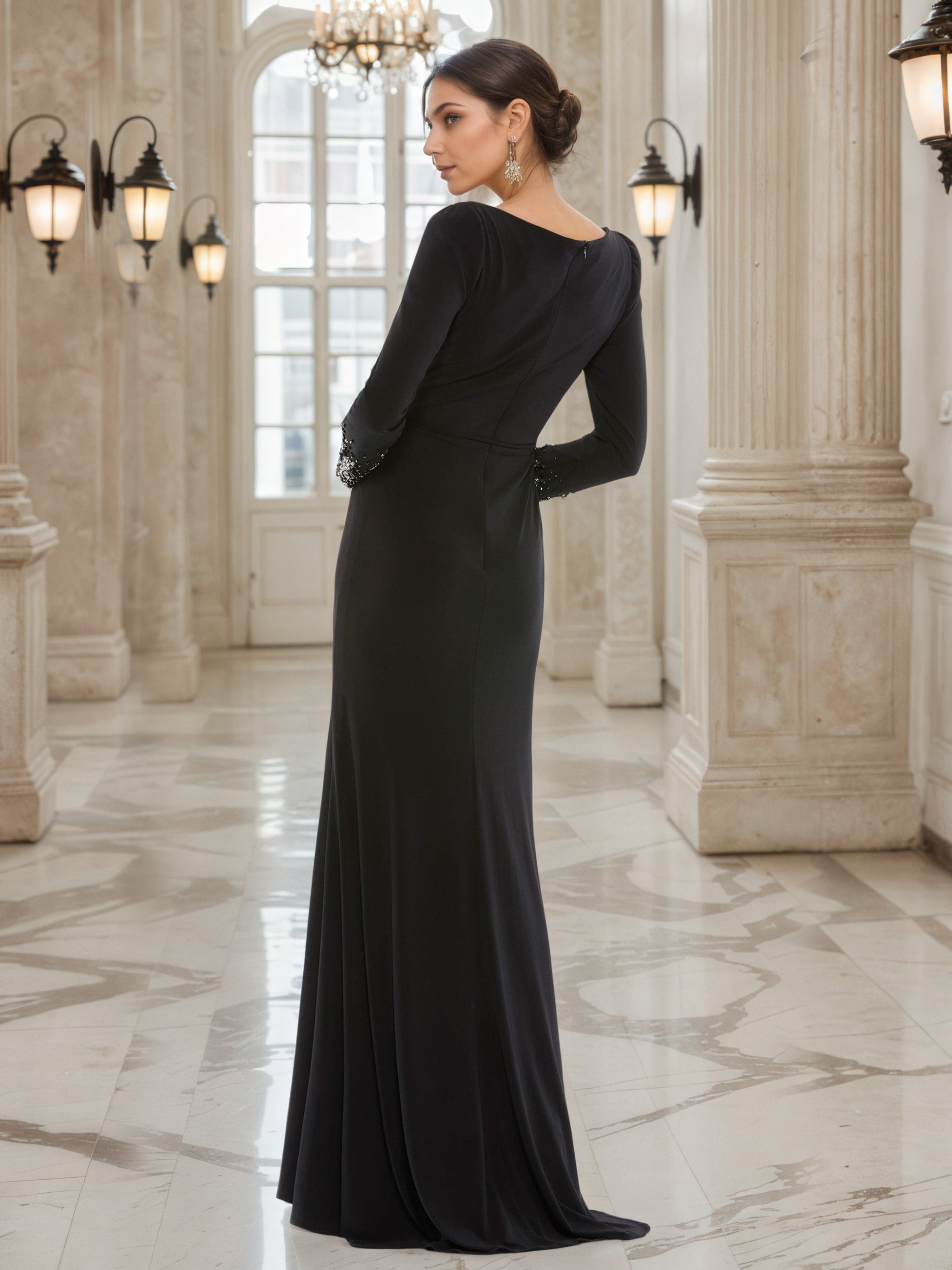 Sheath V-Neck Long Embellished Sleeves Prom Dress