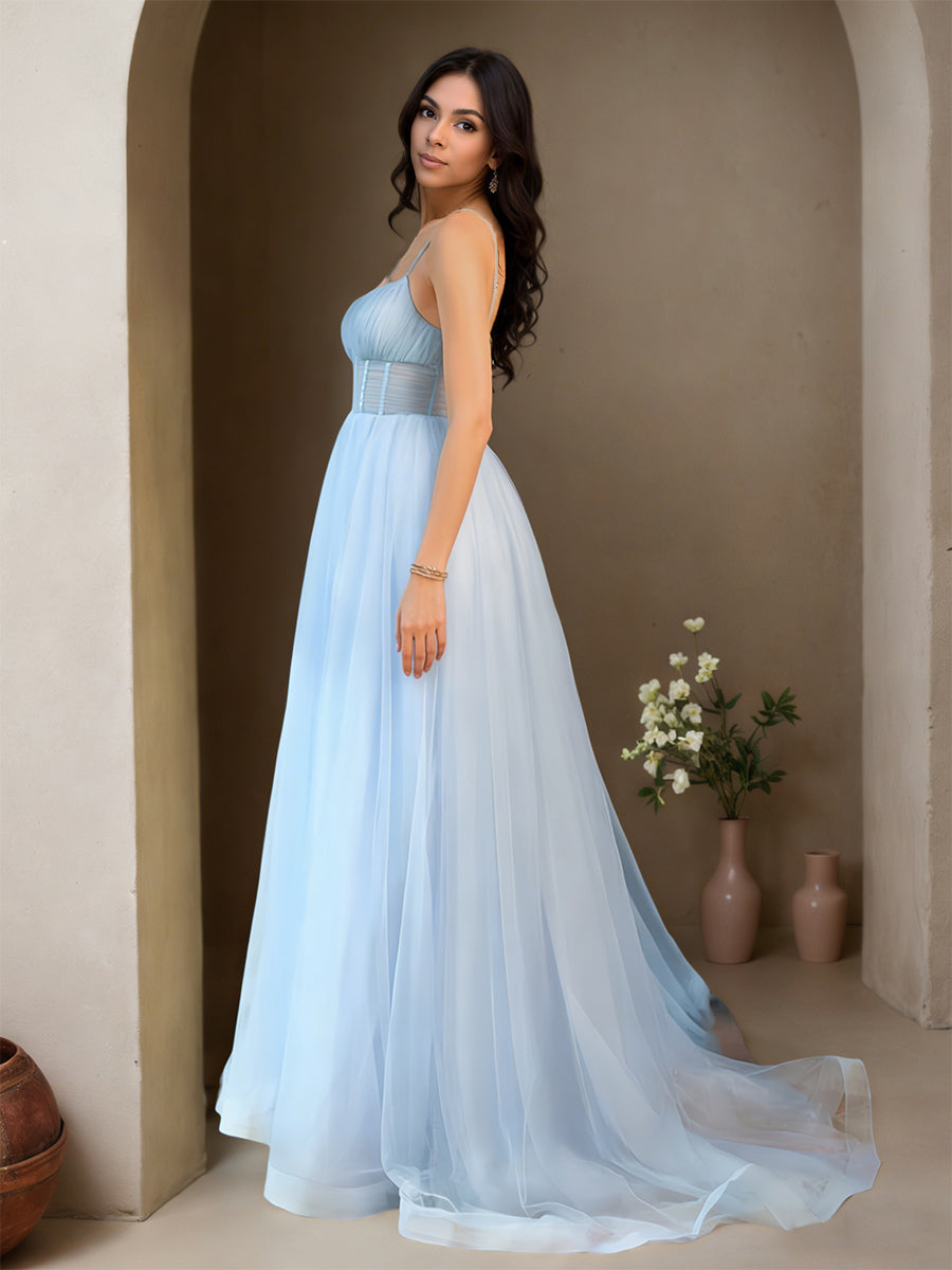 Cicinia Sky Blue Prom Dresses Tulle Spaghetti Straps A-Line Sweep Train Fairy Dress