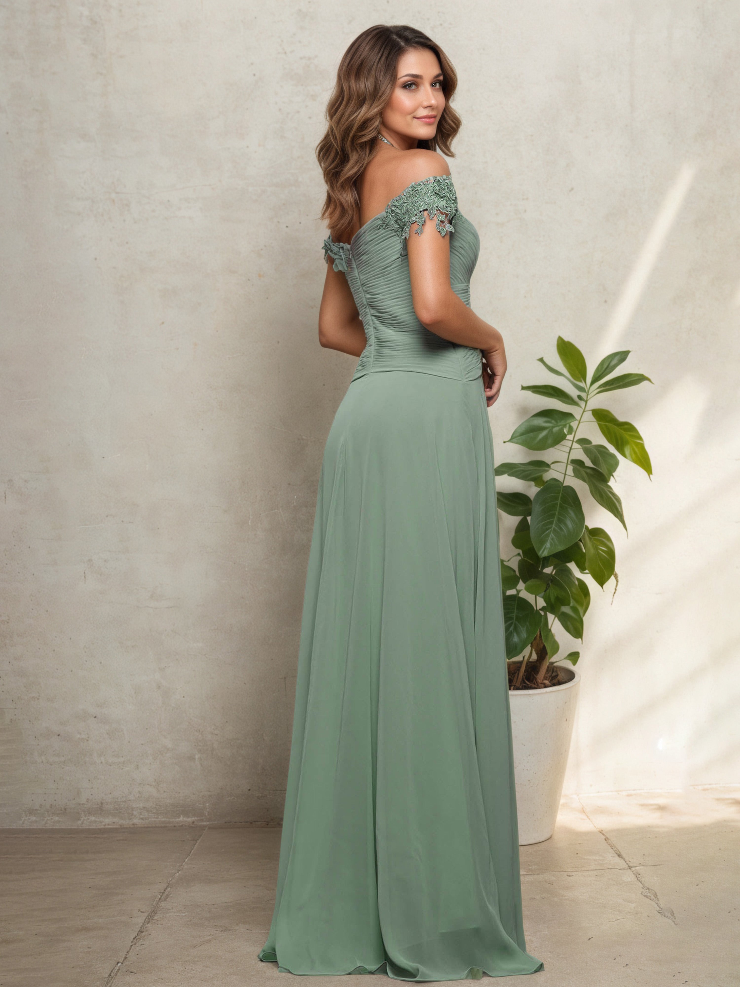 Off The Shoulder Dusty Sage Pleats Mother Of The Bride Dress