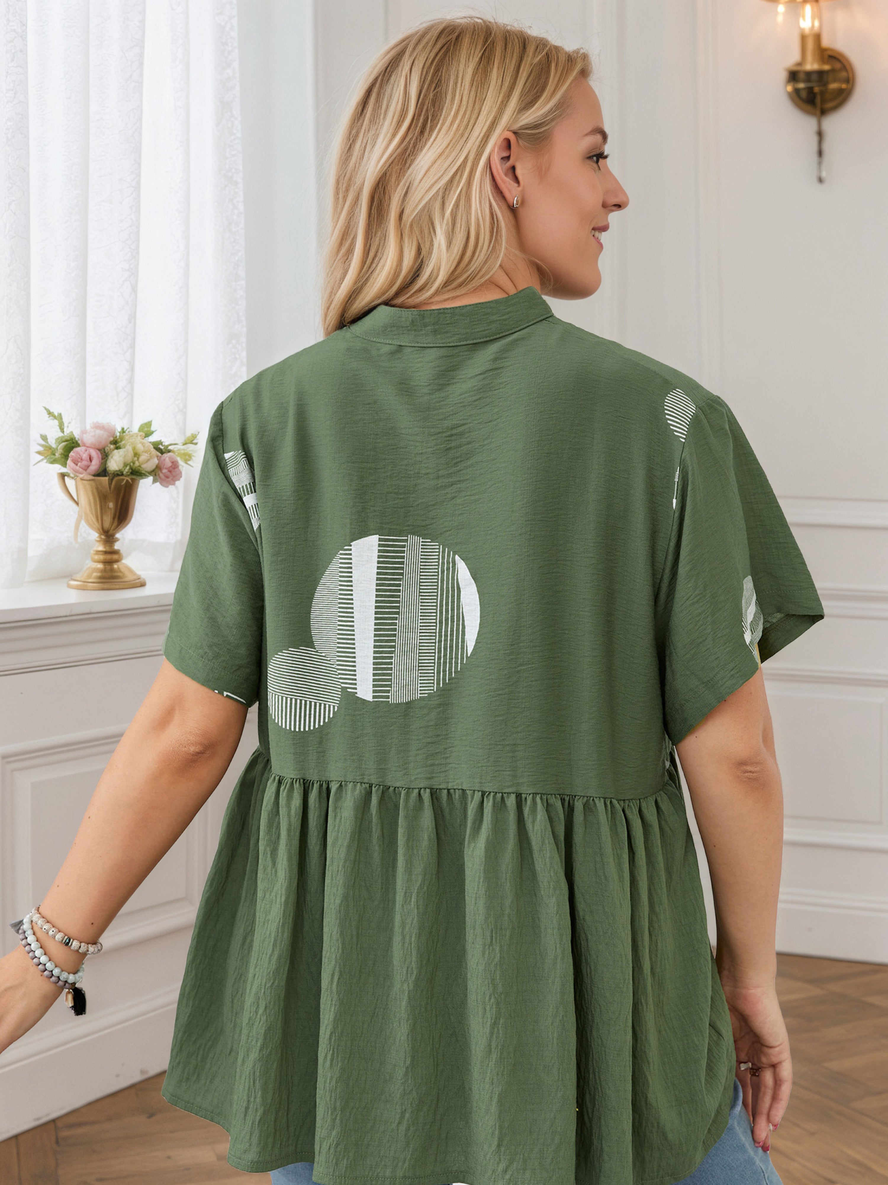 Olive Green Plus Printed Front Button Ruffle Blouse