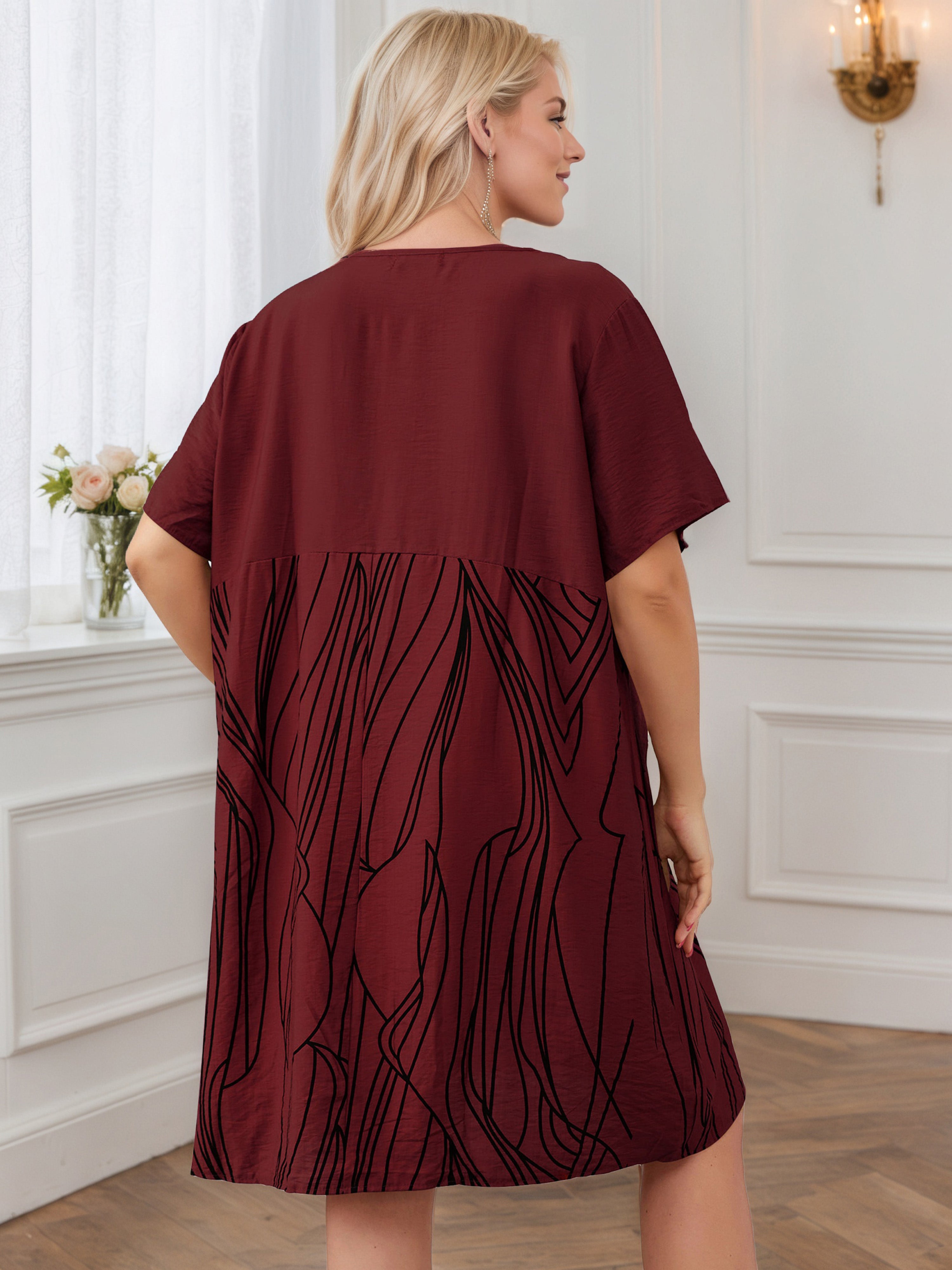 A-Line Short Sleeves Graphic Printed Burgundy Plus Size Dress