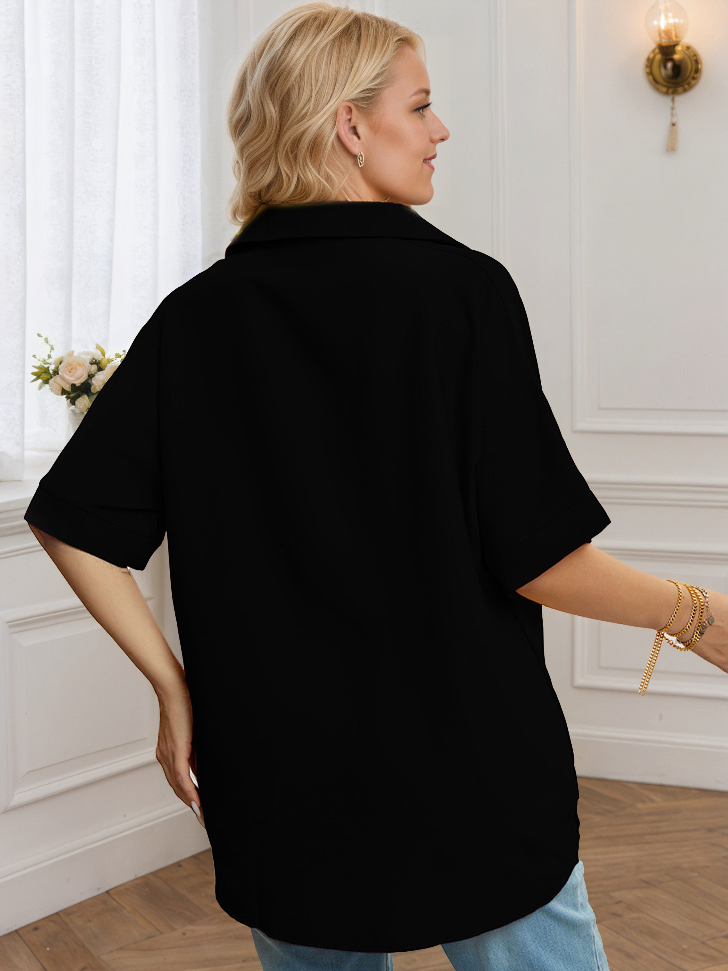 V-Neck Half Sleeves Black Stand Collar Plus Blouse