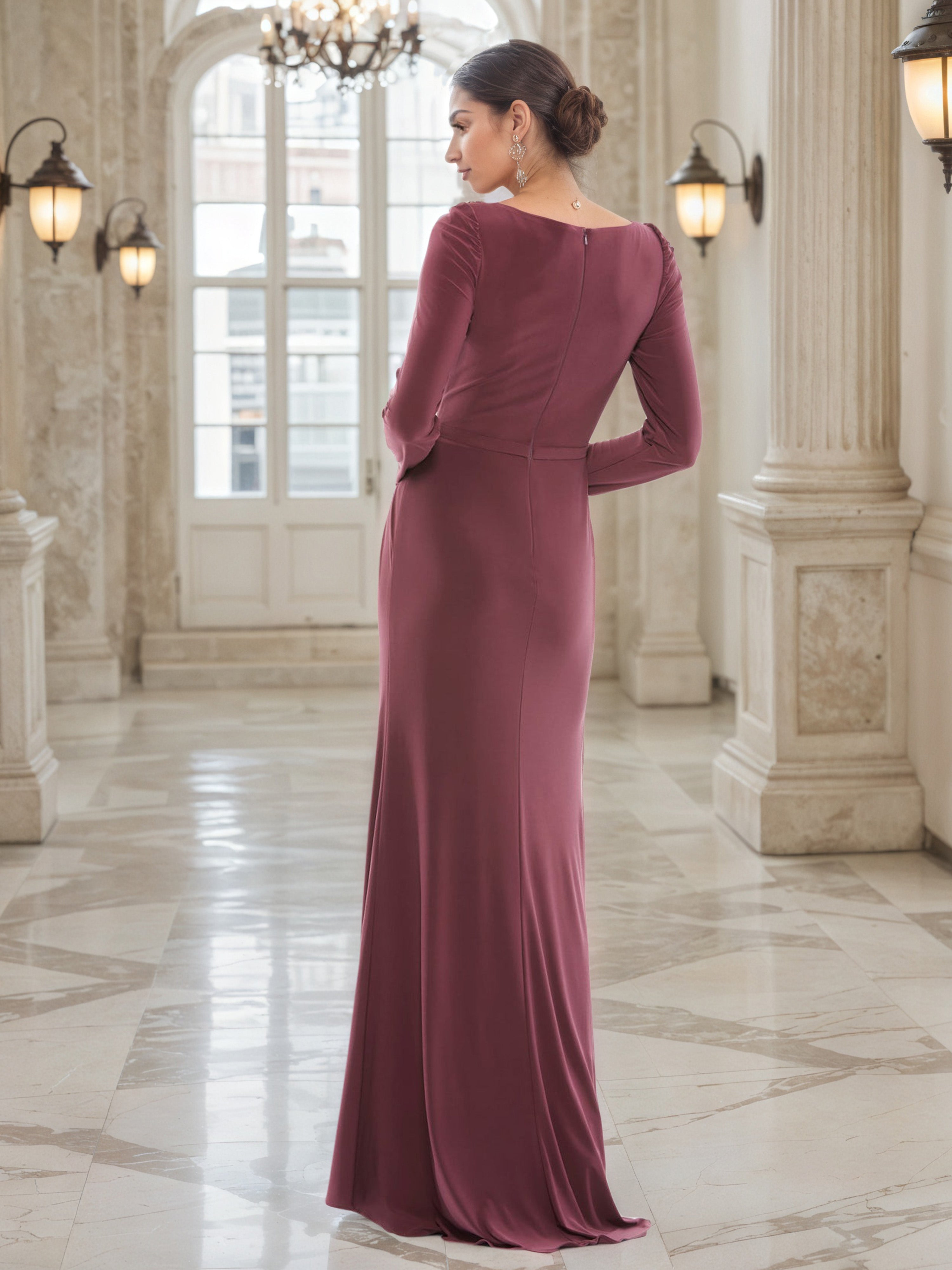 Sheath Embellished Shoulder Cinnamon Rose Long Sleeves Prom Dress