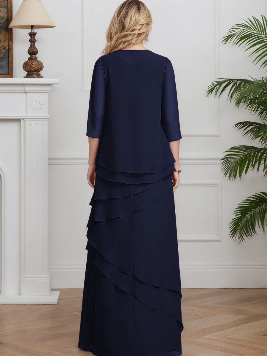 Cicinia Dark Navy 2 Piece Mother Of The Bride Dresses Chiffon A-Line 3/4 Length Sleeves