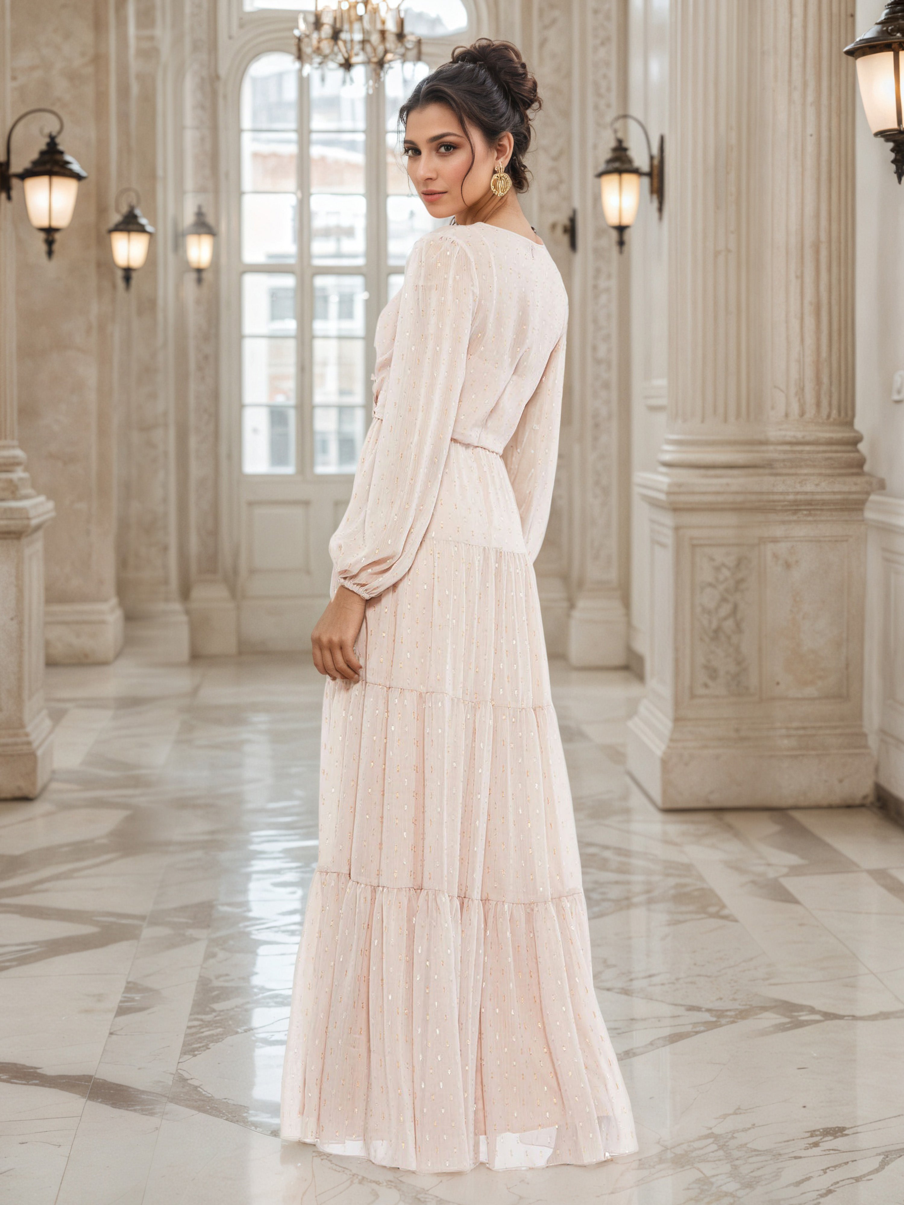 Pearl Pink Prom Dress V-Neck Long Sleeves A-Line Prom Dress