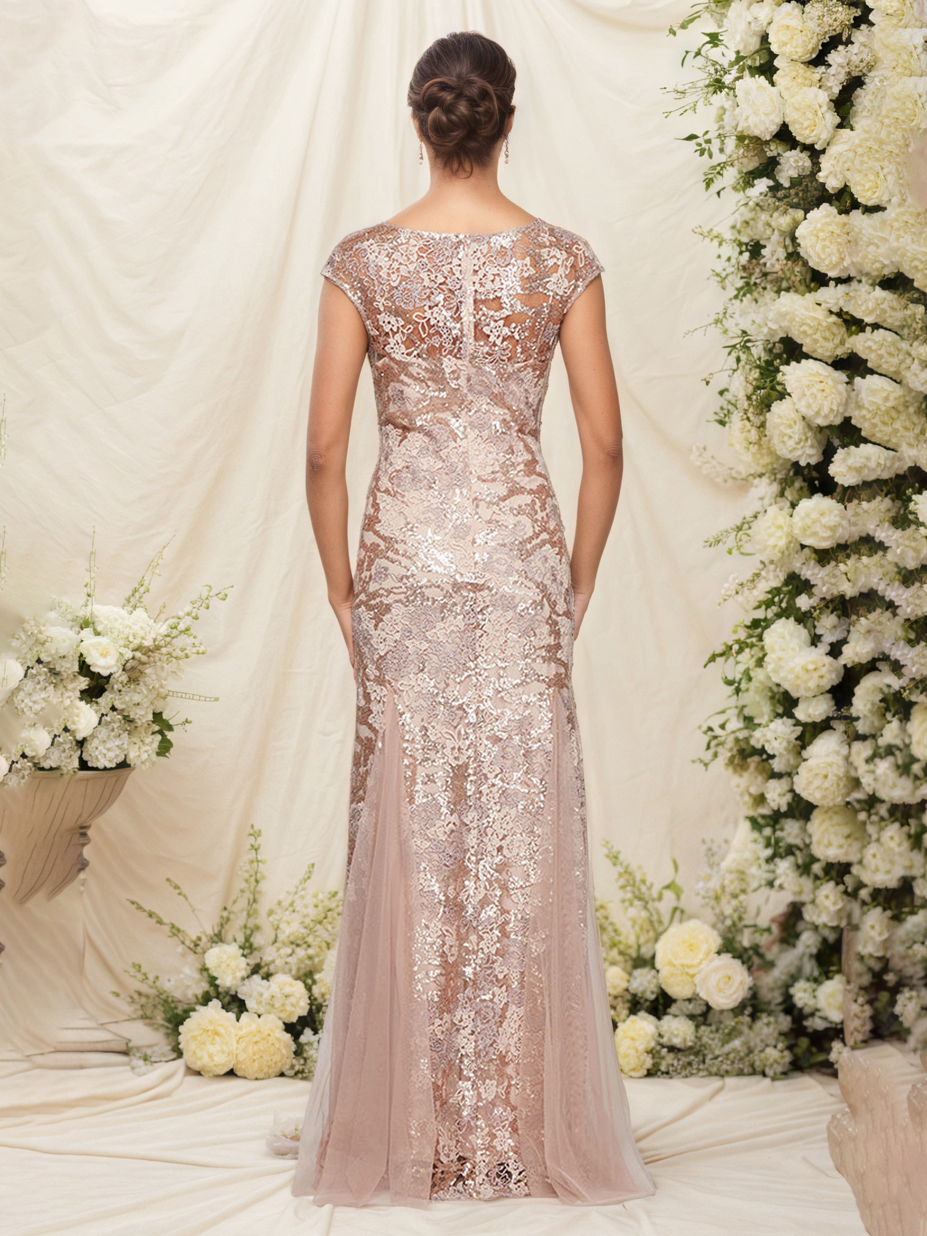V Neck Long Cap Sleeve Embroidered Fit and Flare Mother Of The Bride Dress With Shawl
