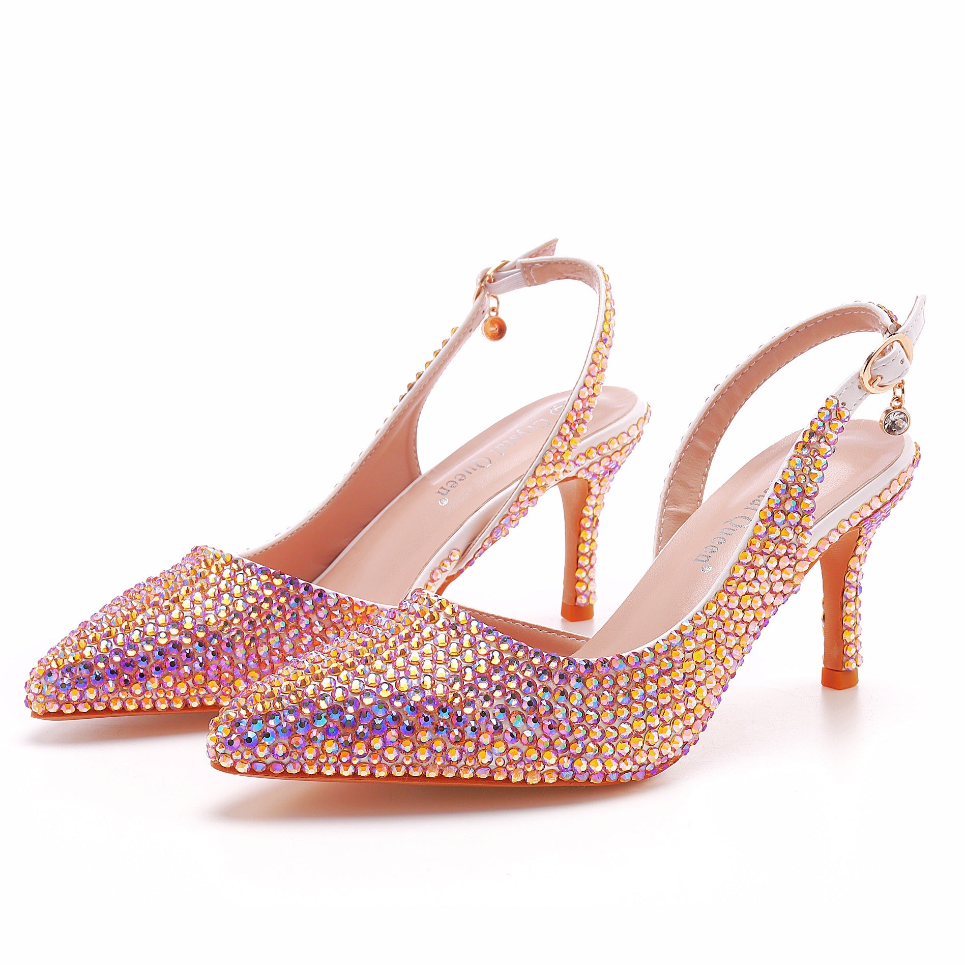 Pointed-Toe Colored Rhinestone Slingback High Heels