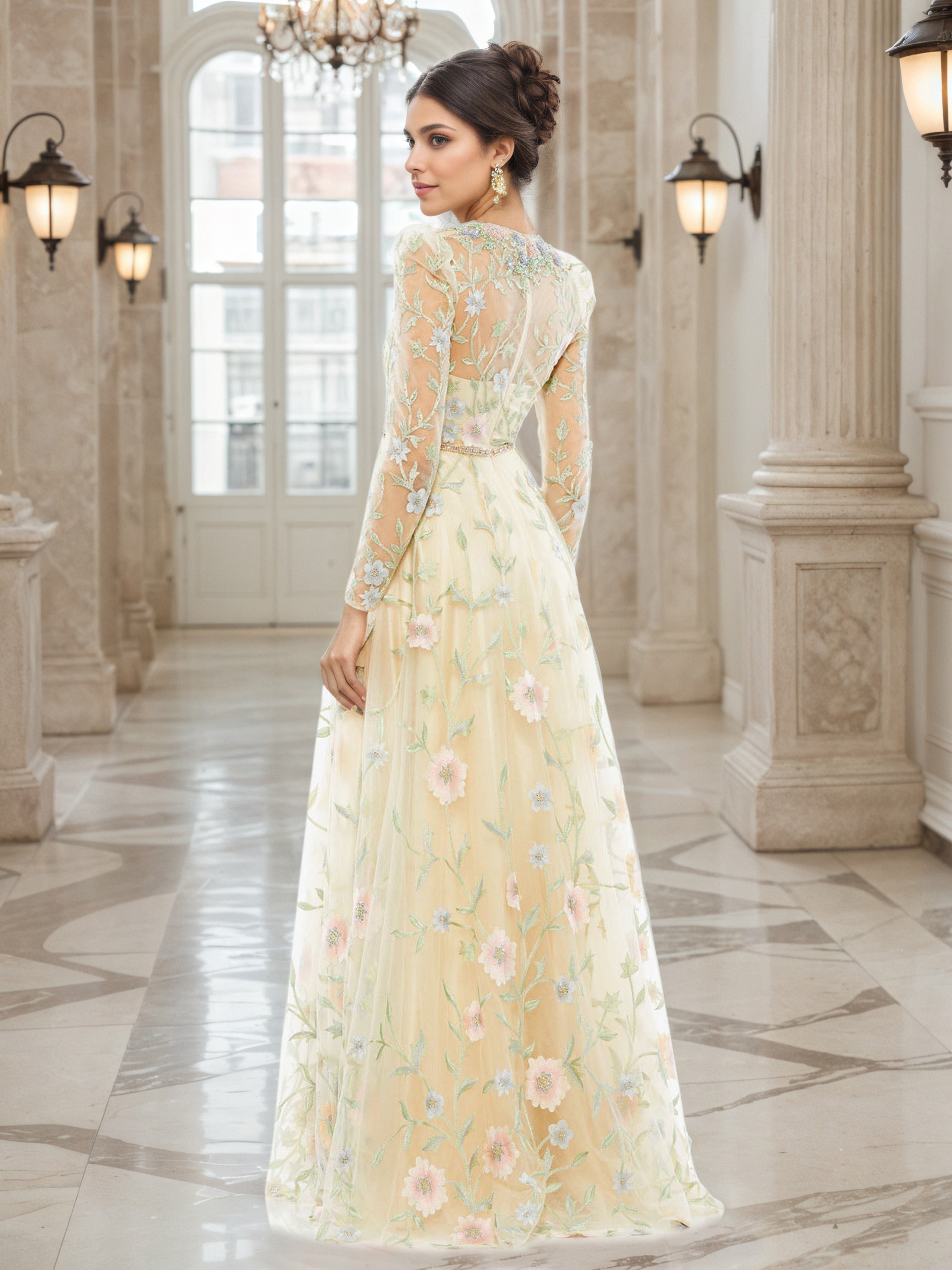 Floral Illusion Long Sleeves A-Line Prom Dress