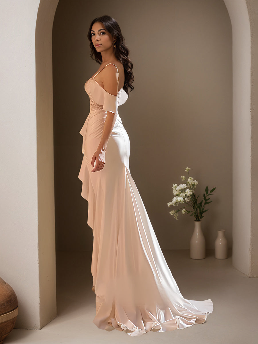 Cicinia Peach Prom Dresses Chiffon Appliques Lace Sheath Ruffle Side Sweep Train Evening Gown