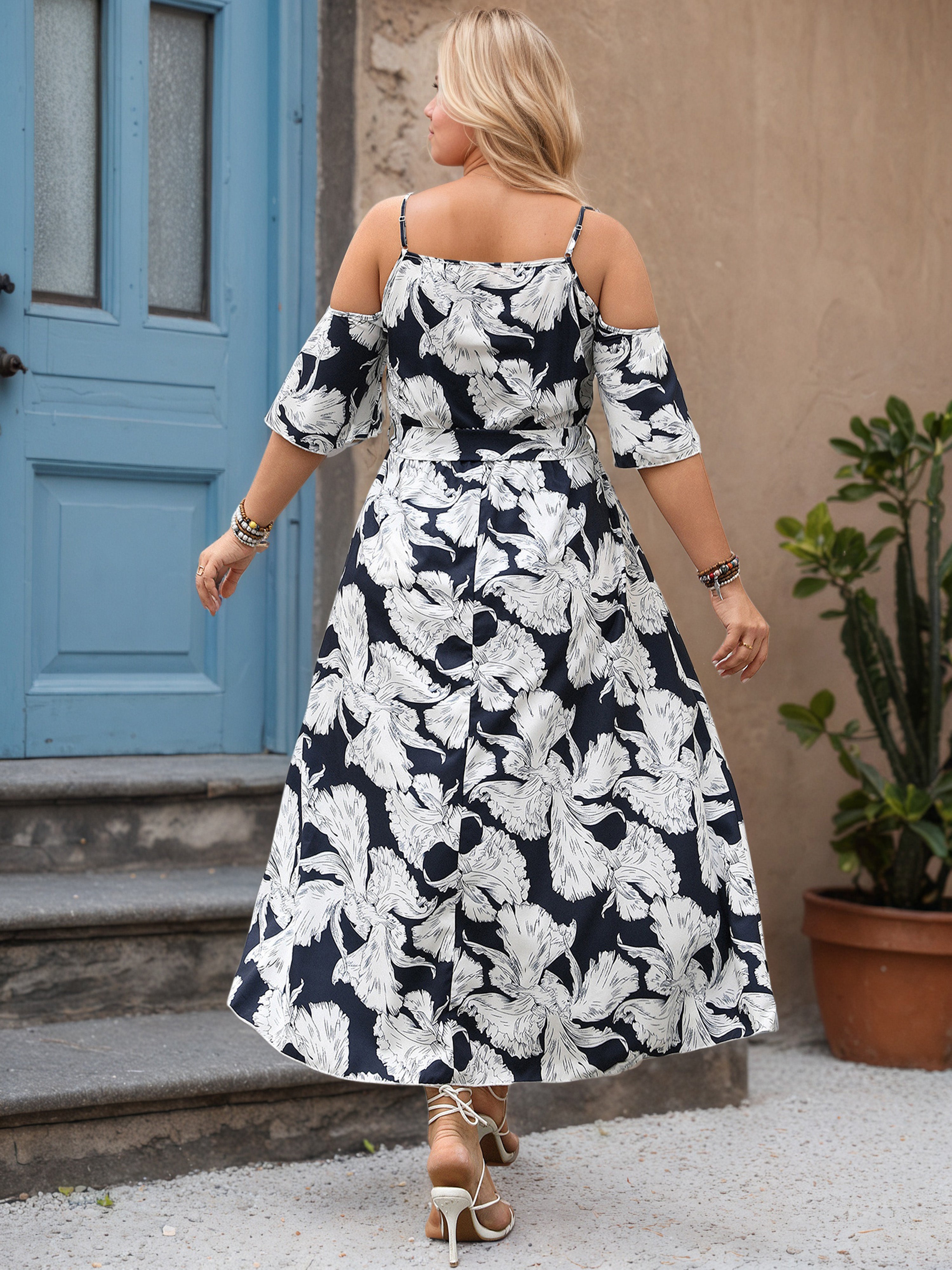 Floral Spaghetti Straps Ankle Length Black Plus Size Dress