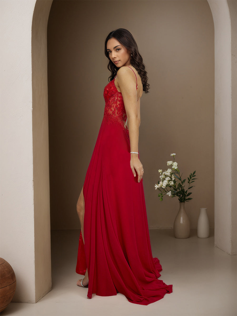 Cicinia Red Prom Dresses Chiffon Appliques Lace A-Line Spaghetti Straps Sweep Train Party Dress