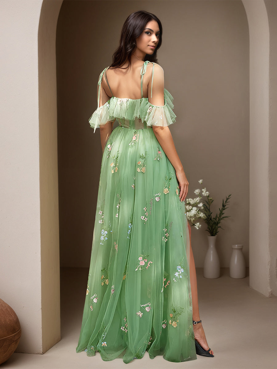 Cicinia Dusty Sage Prom Dresses Lace Tulle A-Line Spaghetti Straps Slit Floor Length Princess Gown