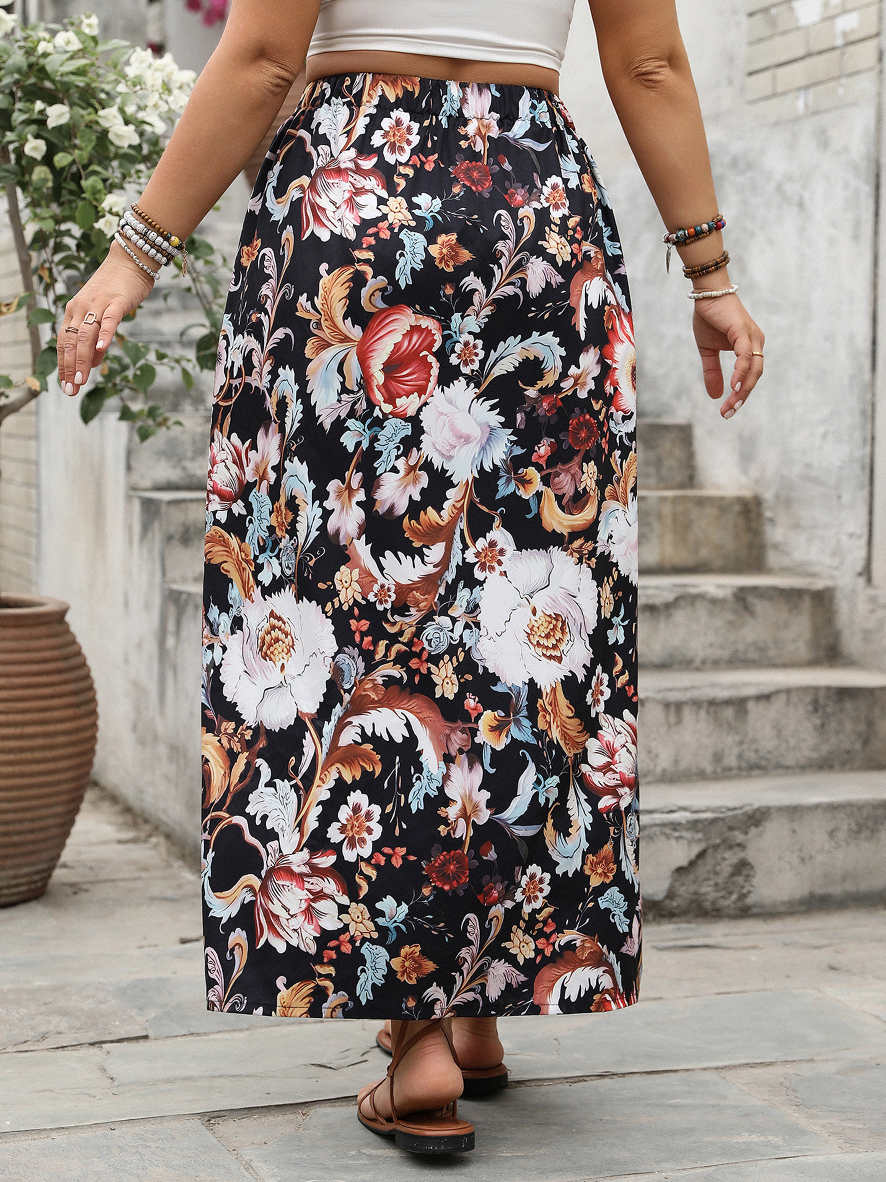 Floral Print Ankle Length Sheath Plus Size Skirt