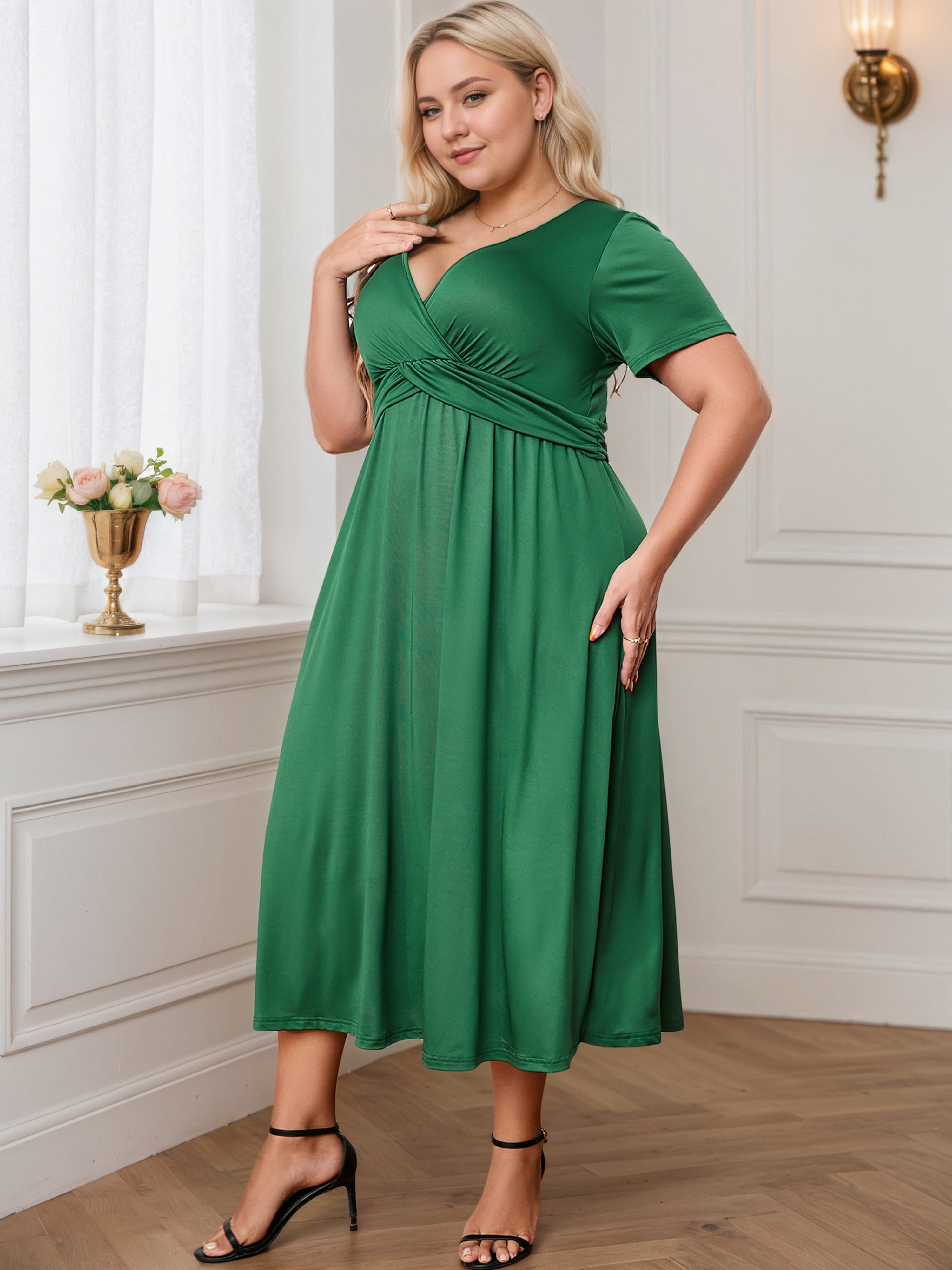 Ruched V-Neck Green Short Sleeves Ankle-Length Plus Size Dress