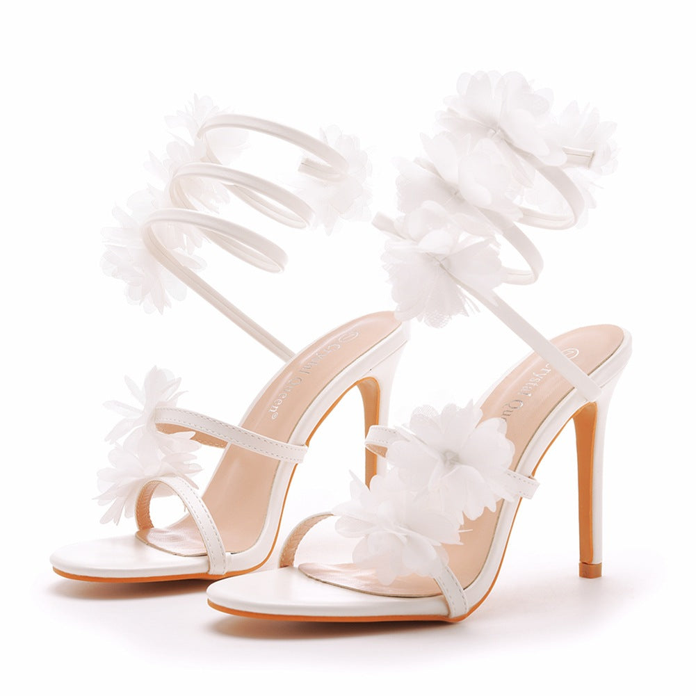 White Appliques Ankle Strap Open Toe Ultra High Heels