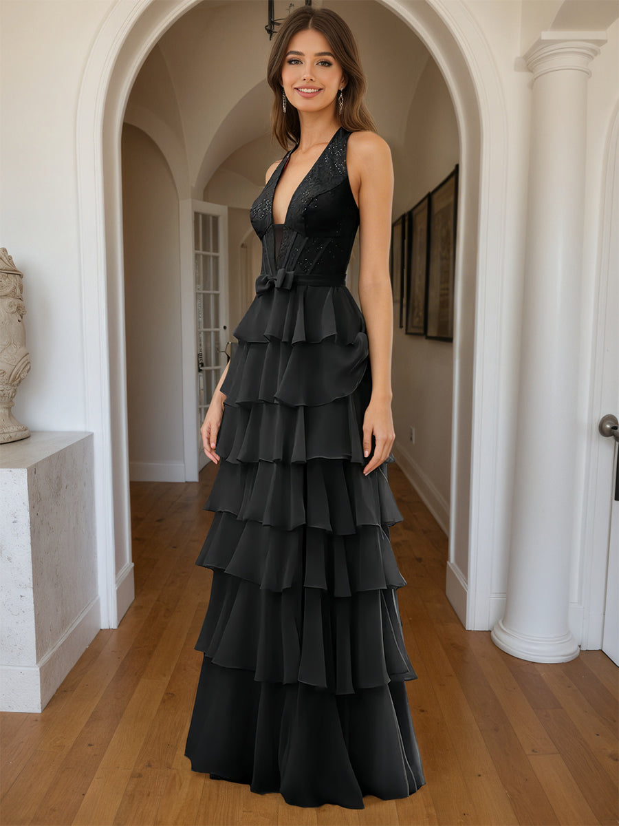 Cicinia Black Prom Dresses Long Halter A-Line Chiffon Backless Sleeveless Layers Prom Gowns