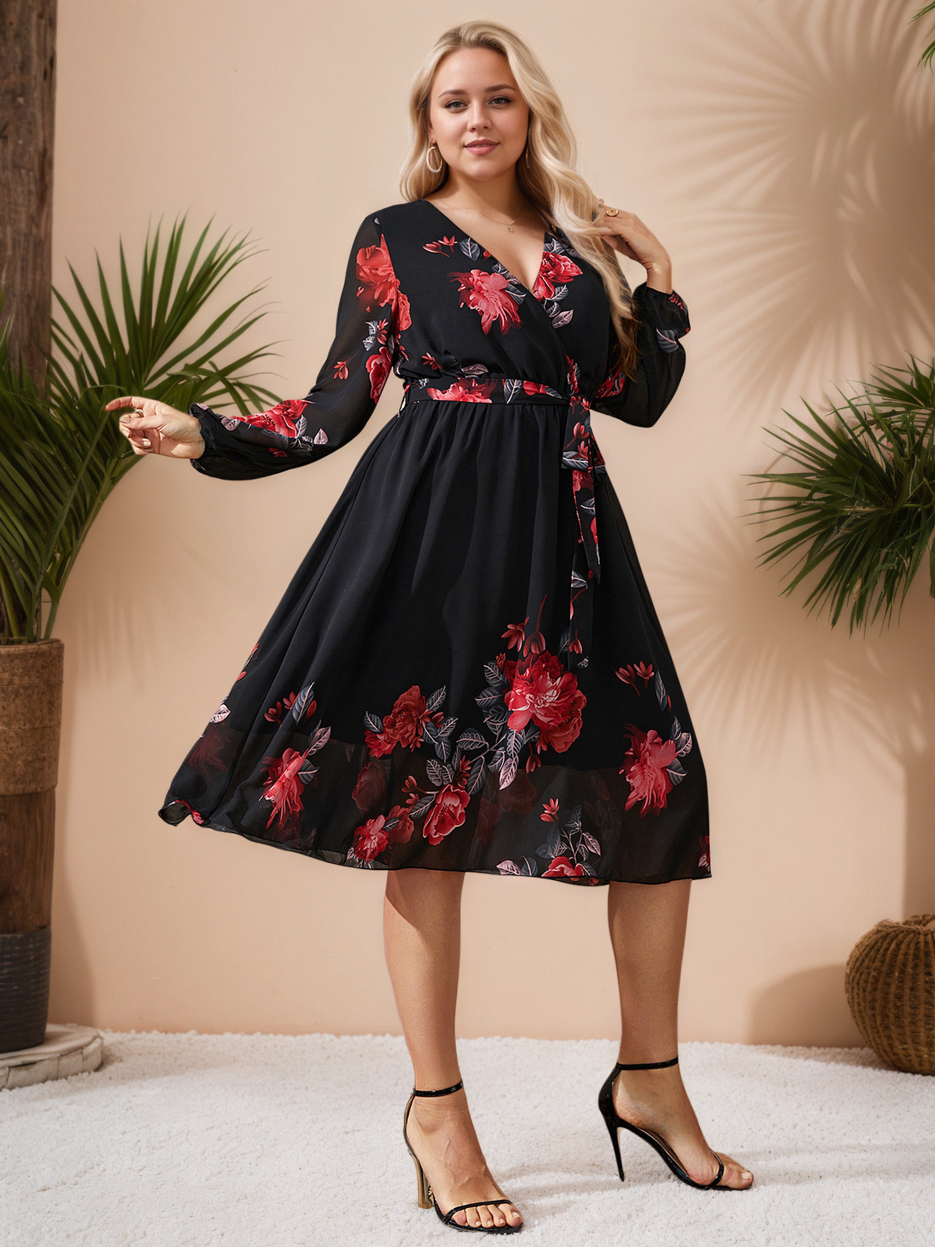 Red Floral Black V-Neck Dress Plus Size Dress with Belt
