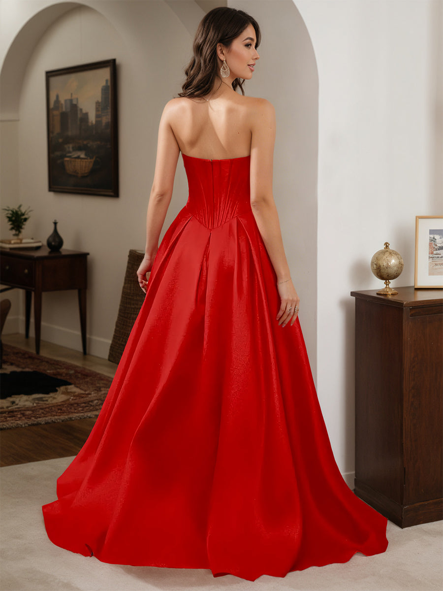 Cicinia Red Prom Dresses Satin Strapless Floor Length Strapless A-Line Evening Dress