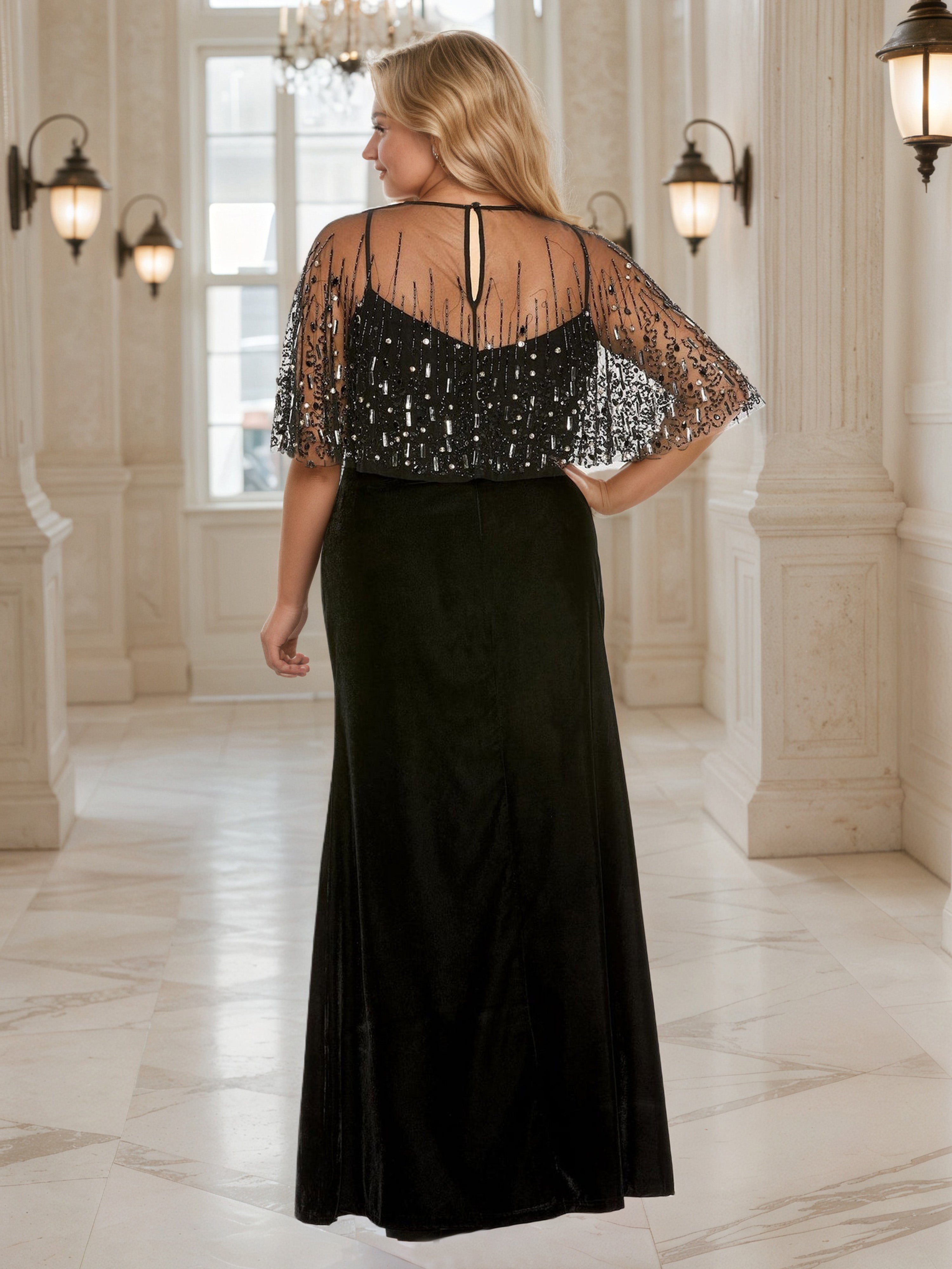 Illusion Sequins Bodice Ankle Length Black Prom Dress Half Sleeves Plus Size Dress