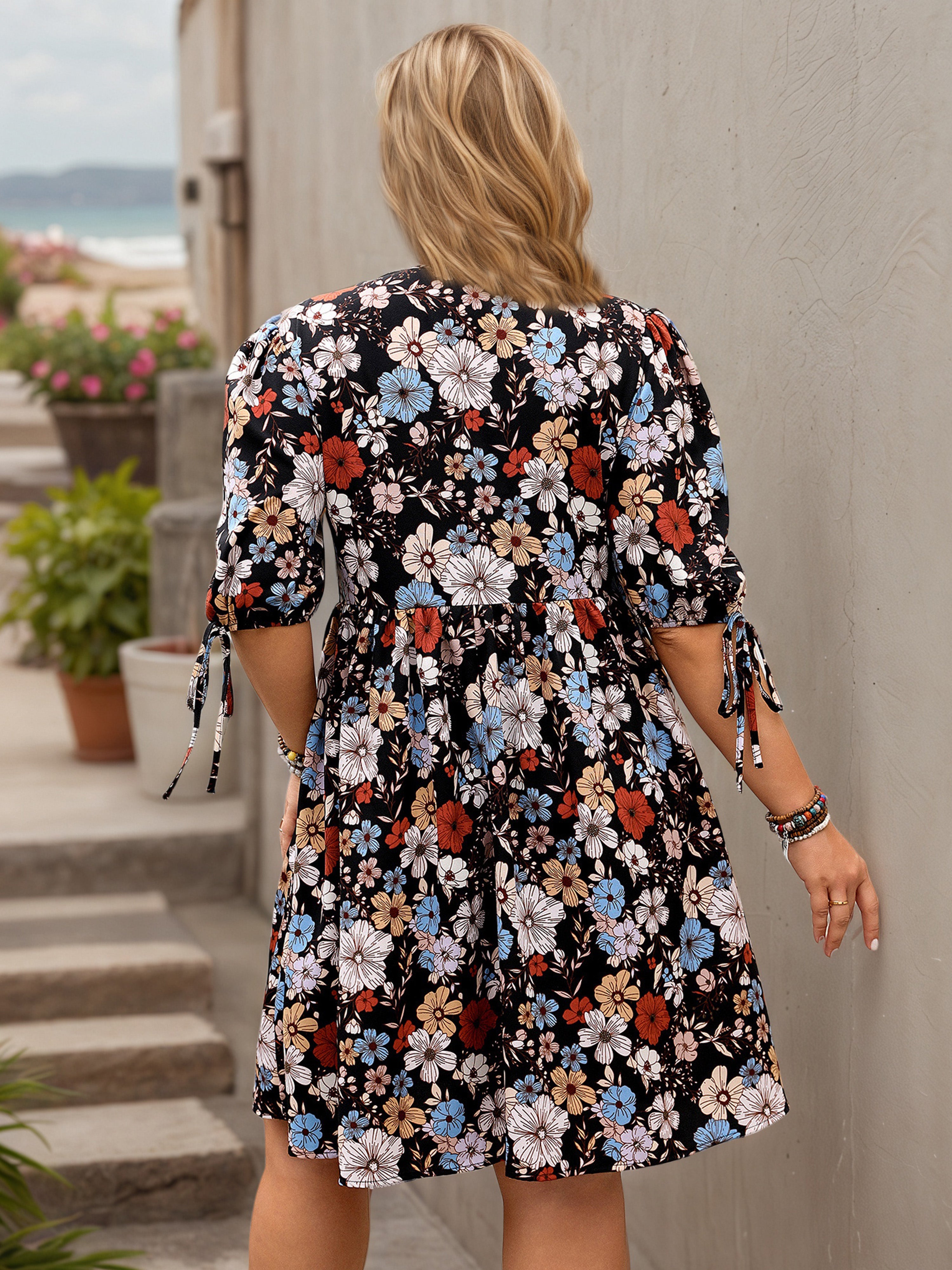Round Neck Beige Tie Front Half Sleeves Floral Plus Size Dress