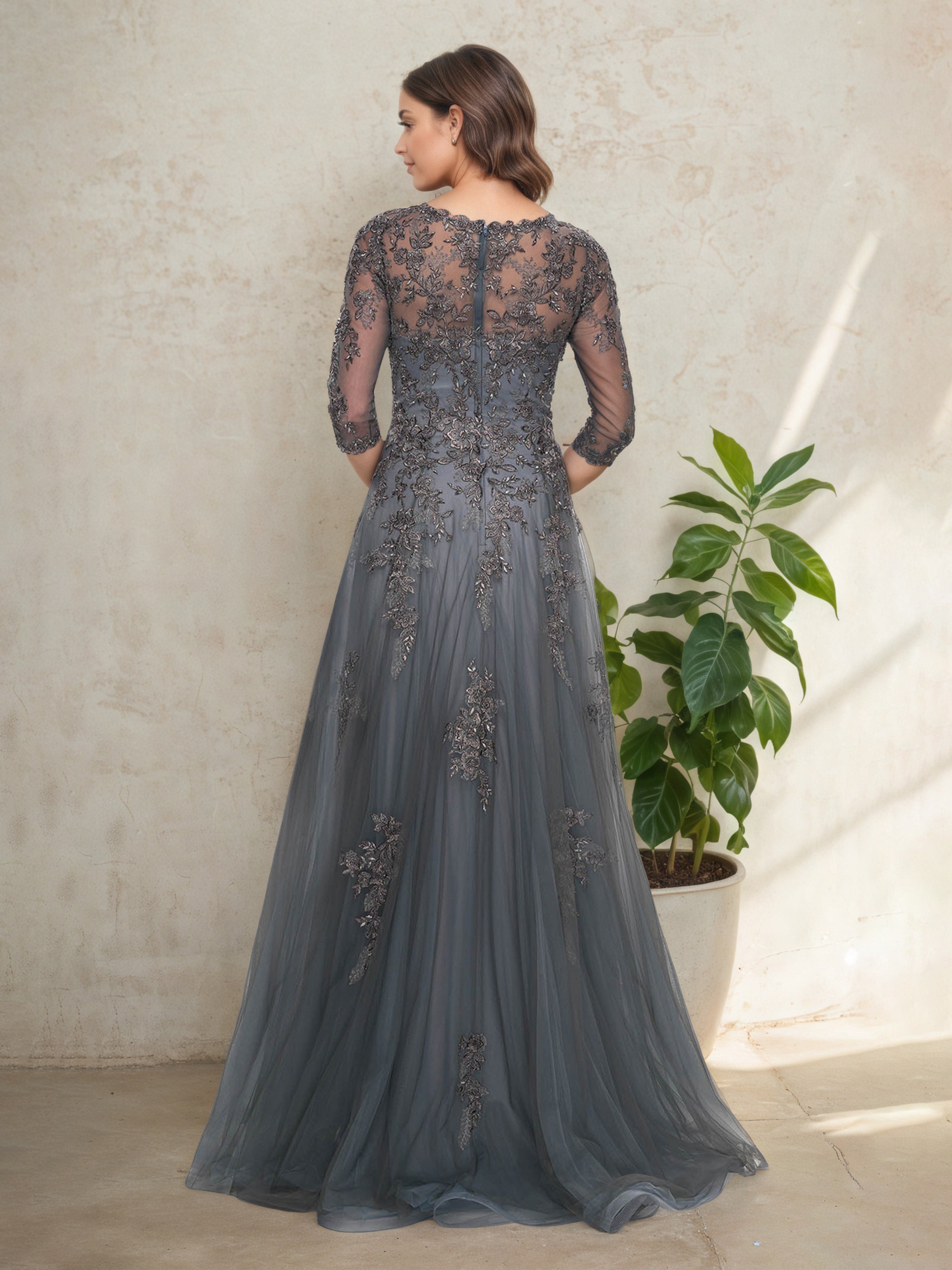 Stormy Lace 3/4 Sleeves V-Neck Mother Of The Bride Dress