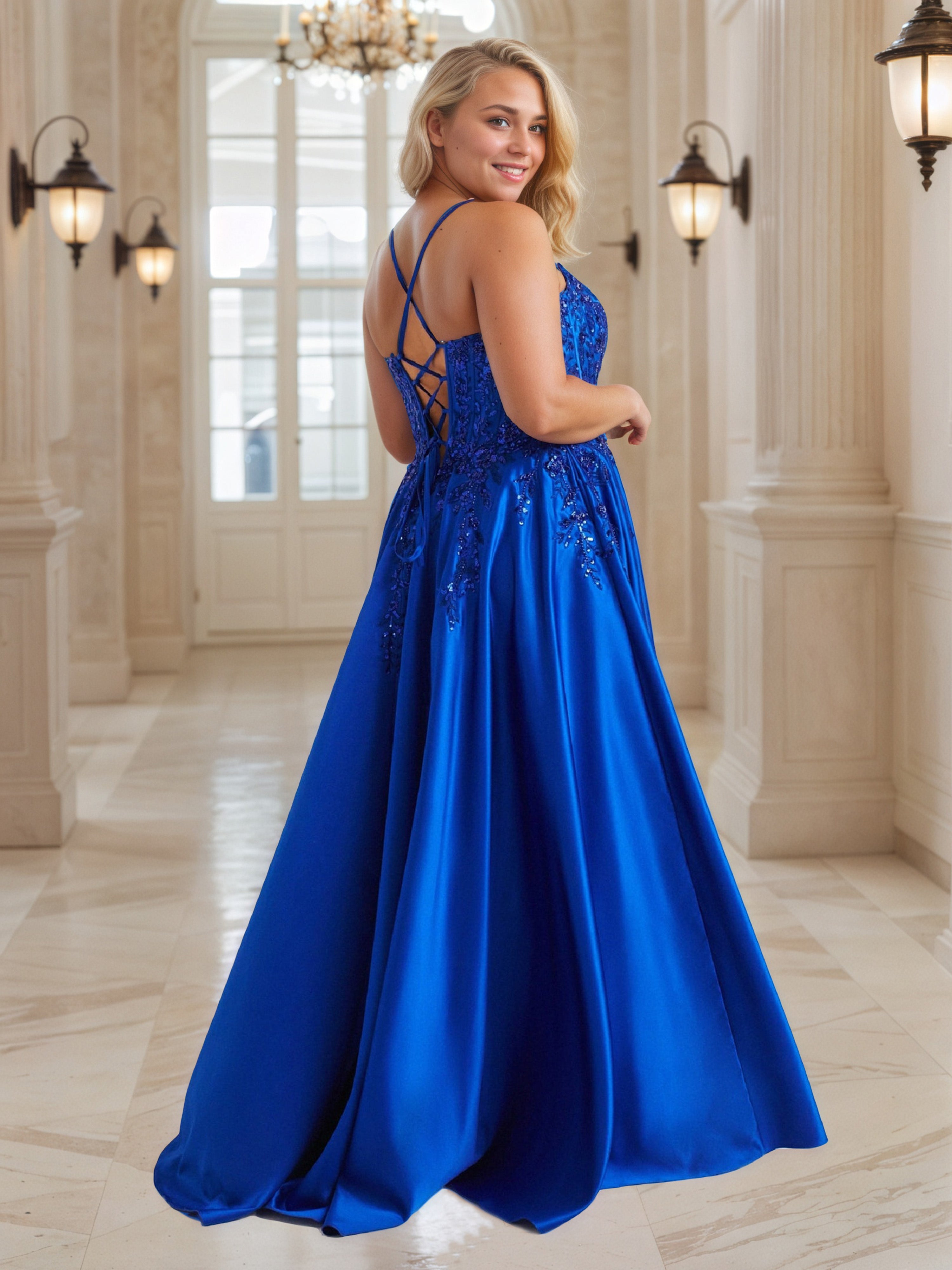 Sweep/Brush Train Spaghetti Straps Sleeveless Prom Dress Lace Up Plus Size Dress