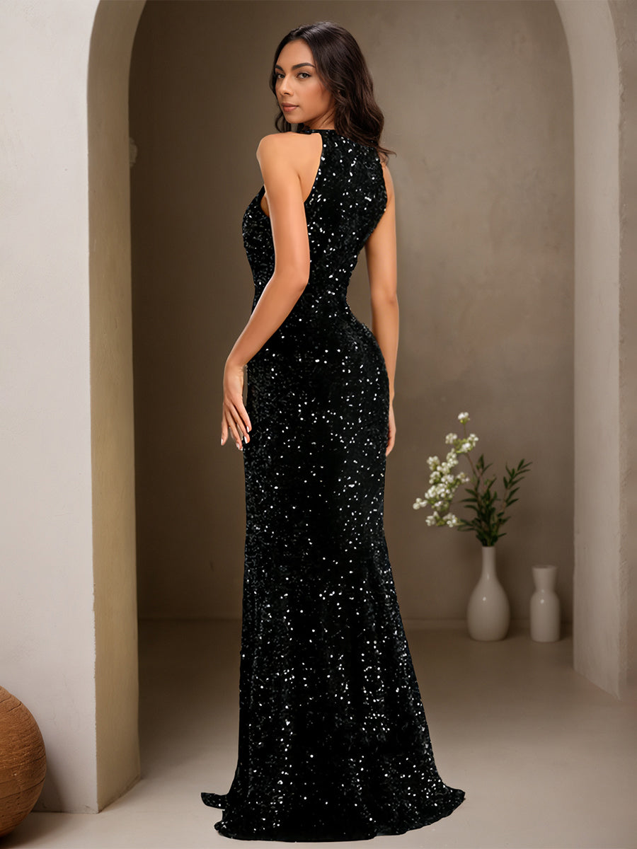 Cicinia Black Prom Dresses Sequins Sheath Halter Sleeveless Shiny Gowns