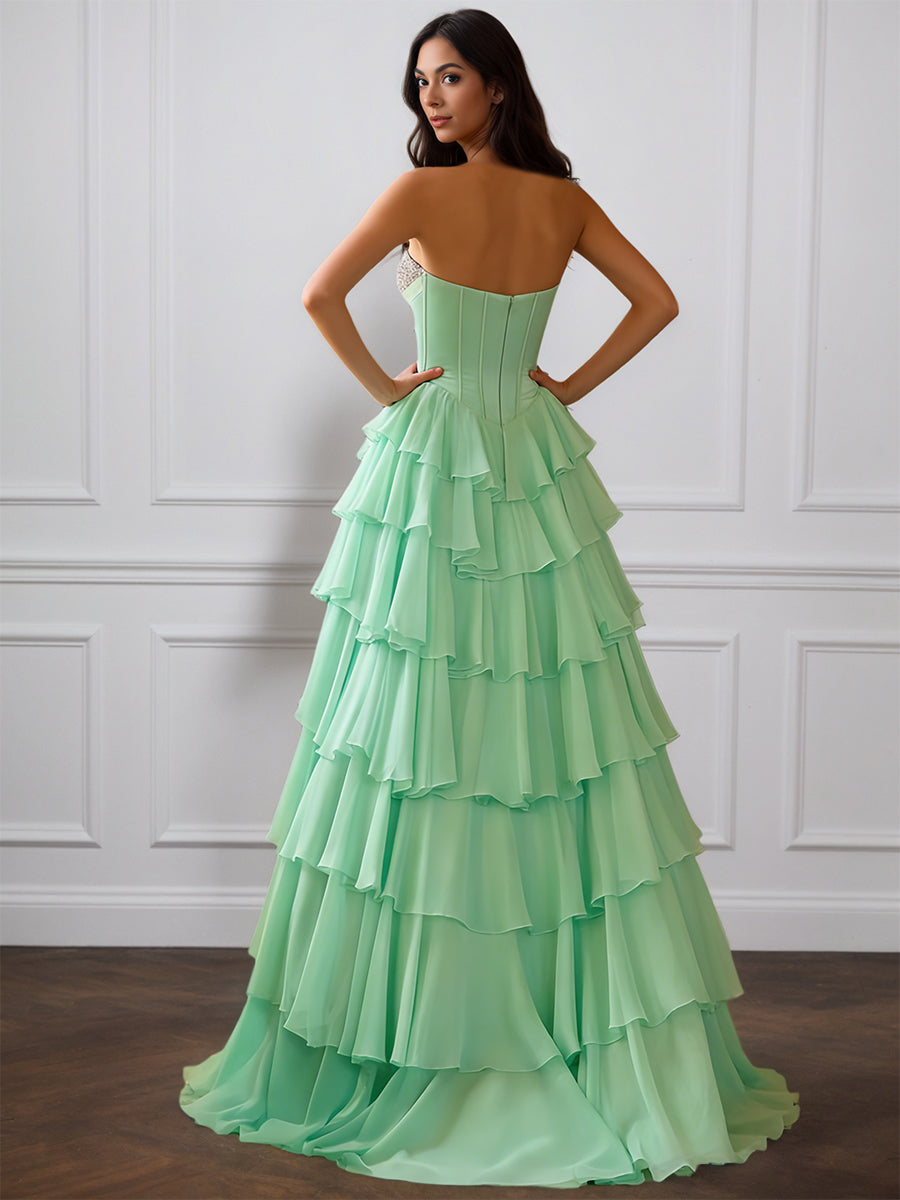 Cicinia Mint Green Prom Dress Chiffon Strapless Long Layers A-Line Evening Gowns