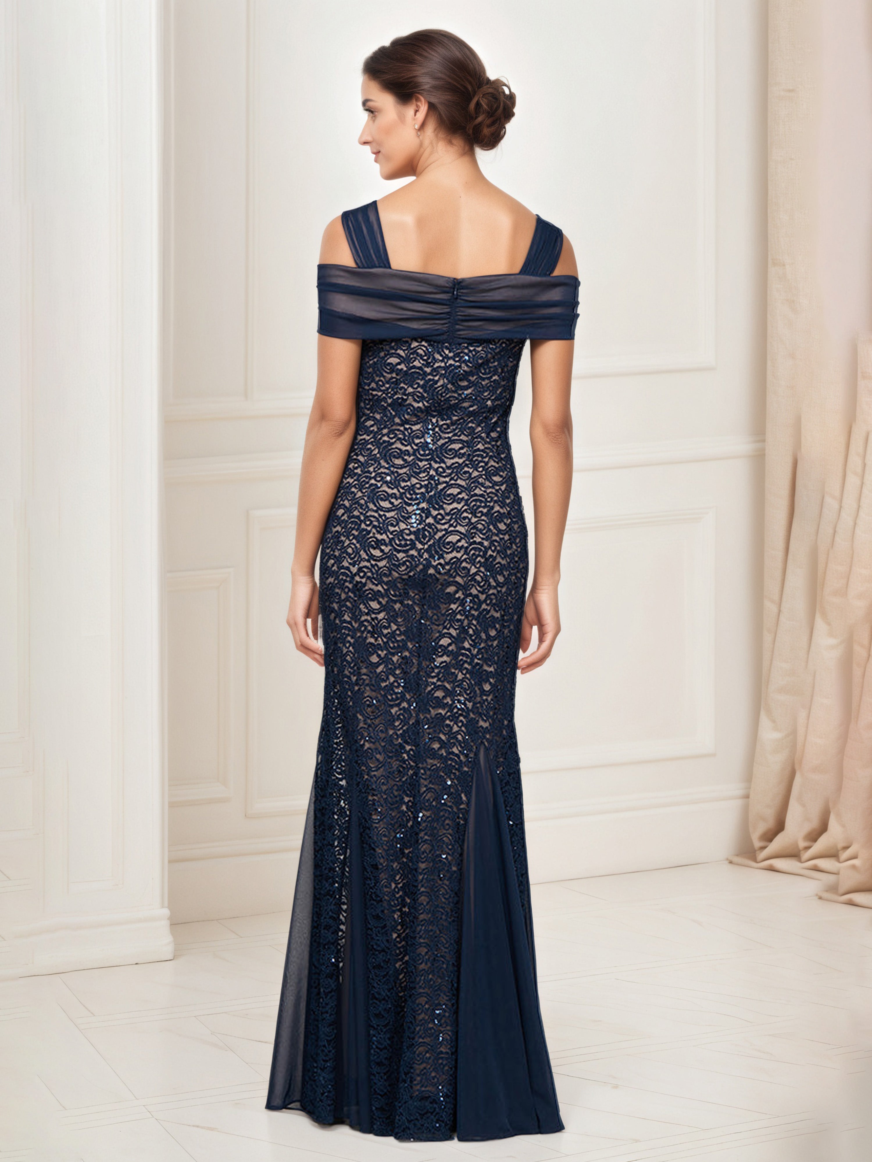 Dark Navy Mother Of The Bride Dresses Sheath Cold Shoulder Lace Long Mother Of The Bride Dress
