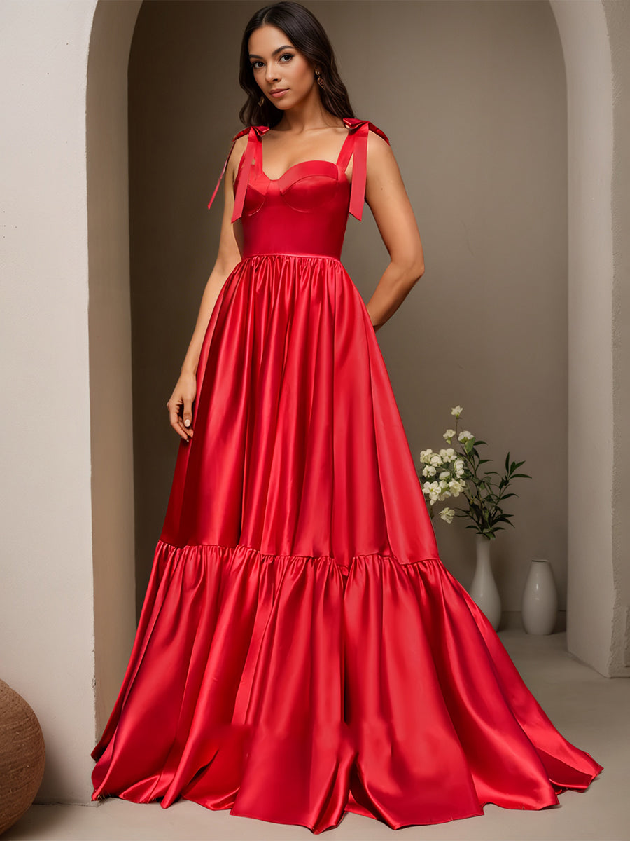 Cicinia Red Prom Dresses Soft Satin A-Line Straps Sweetheart Sweep Train Gowns