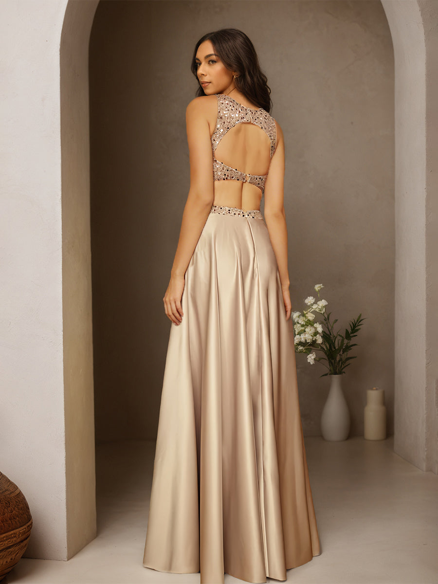 Cicinia Champagne 2 Pieces Prom Dresses Sequins Satin A-Line Floor Length Evening Dress