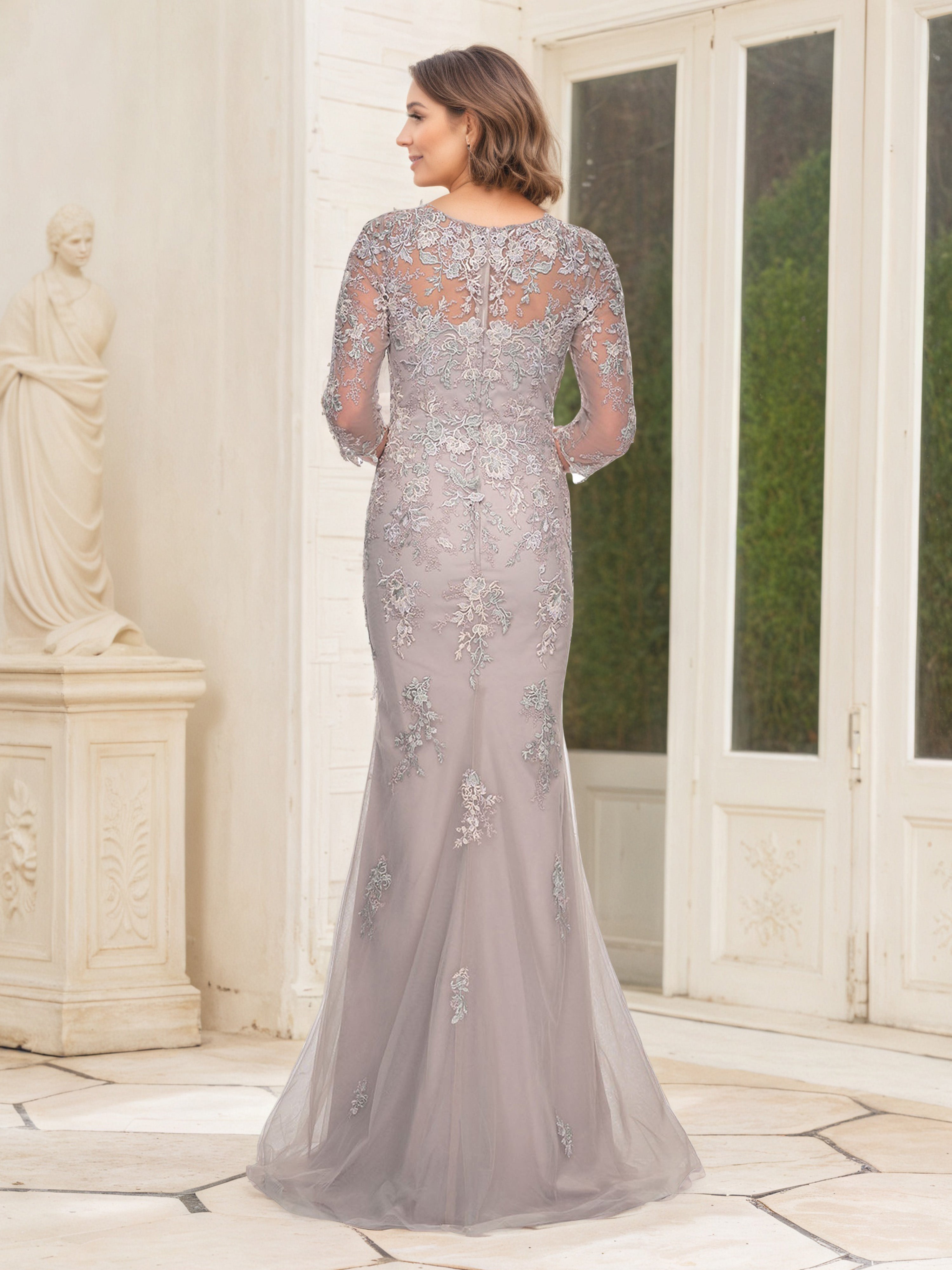 Illusion Lace Neckline 3/4 Sleeves Mother Of The Bride Dress