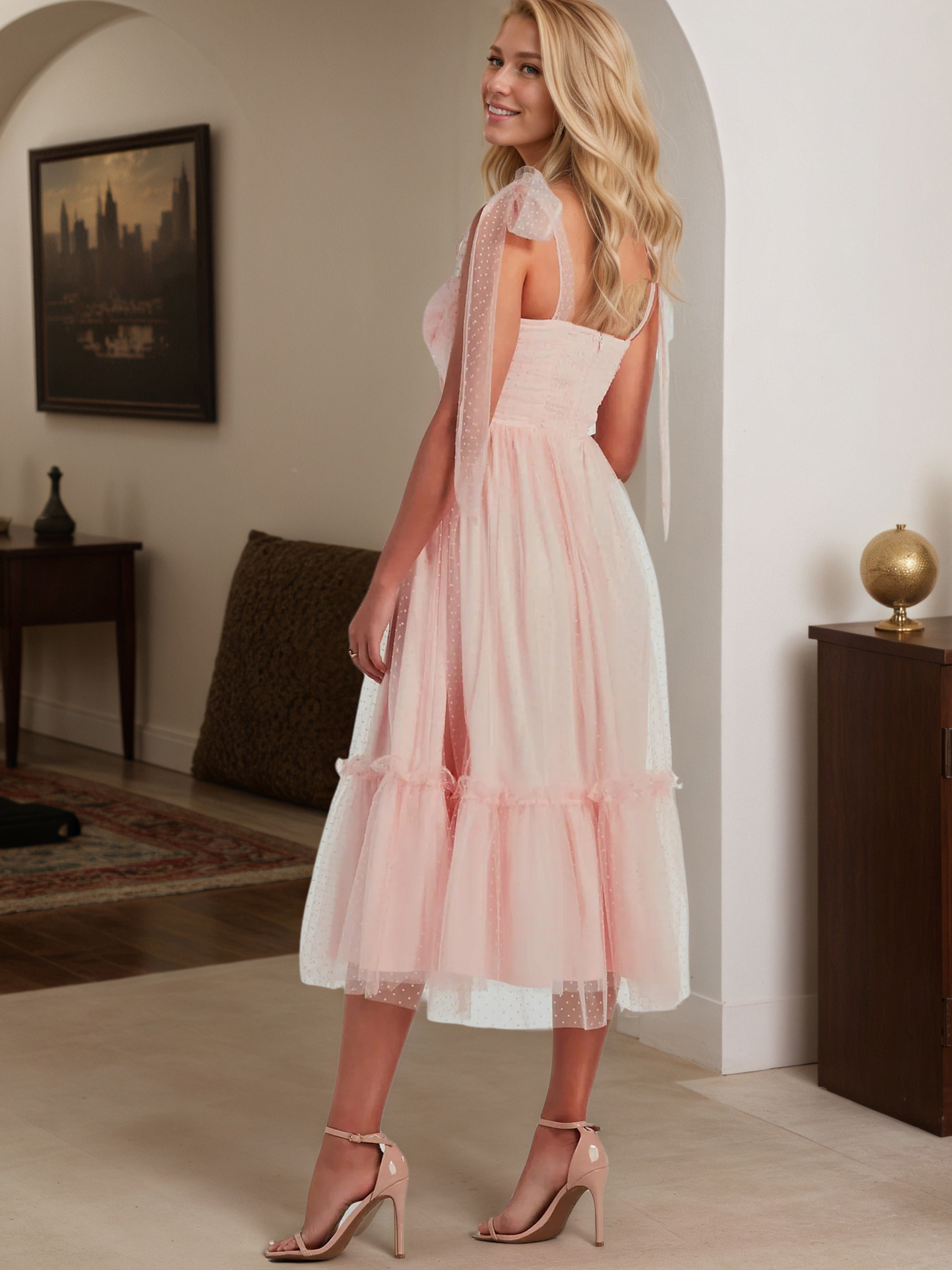 A-Line Straps Sweetheart Tulle Coral Wedding Guest Dress