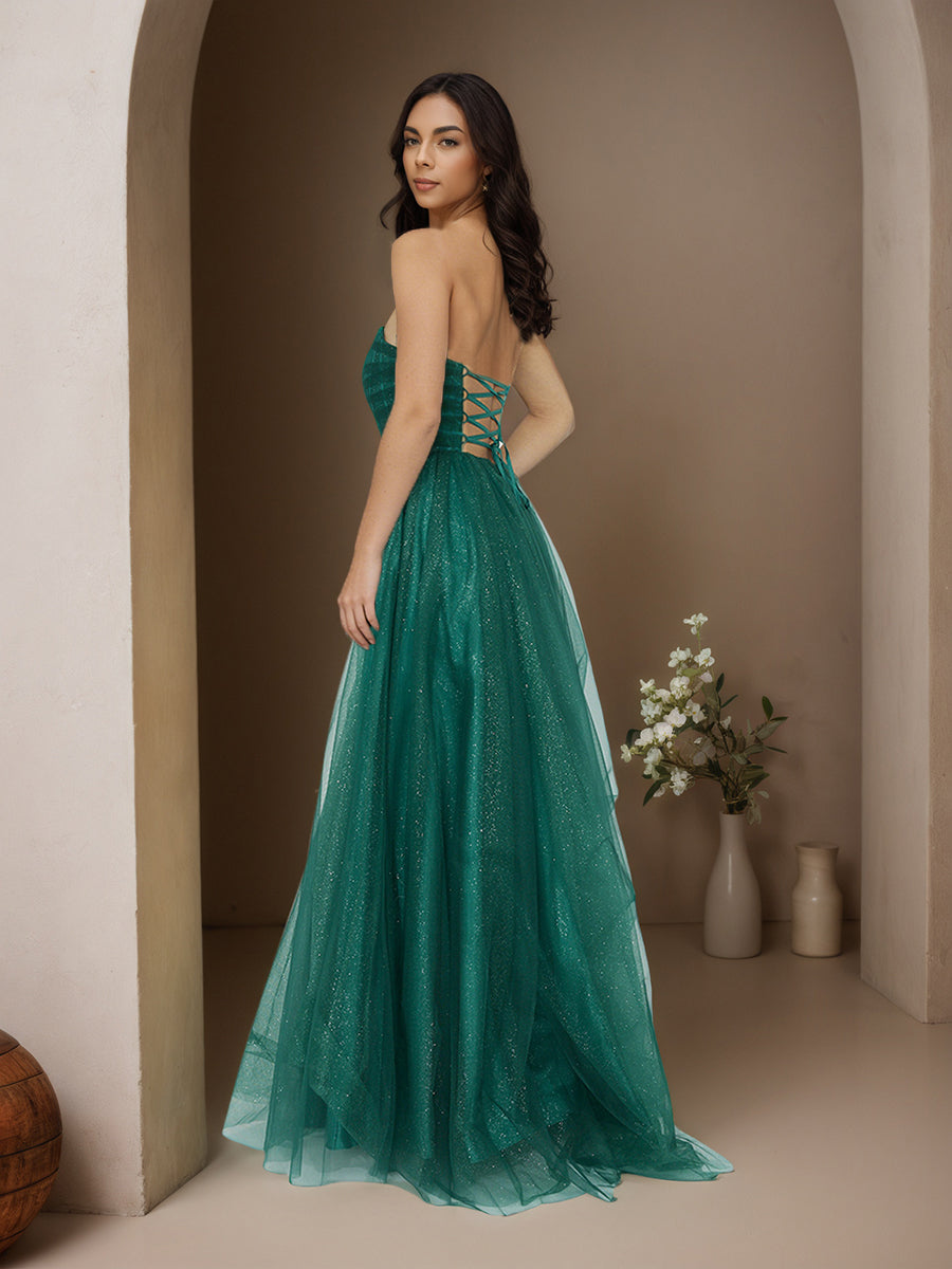 Cicinia Dark Green Prom Dresses Glitter Tulle A-Line Strapless Sweep Train Evening Gowns