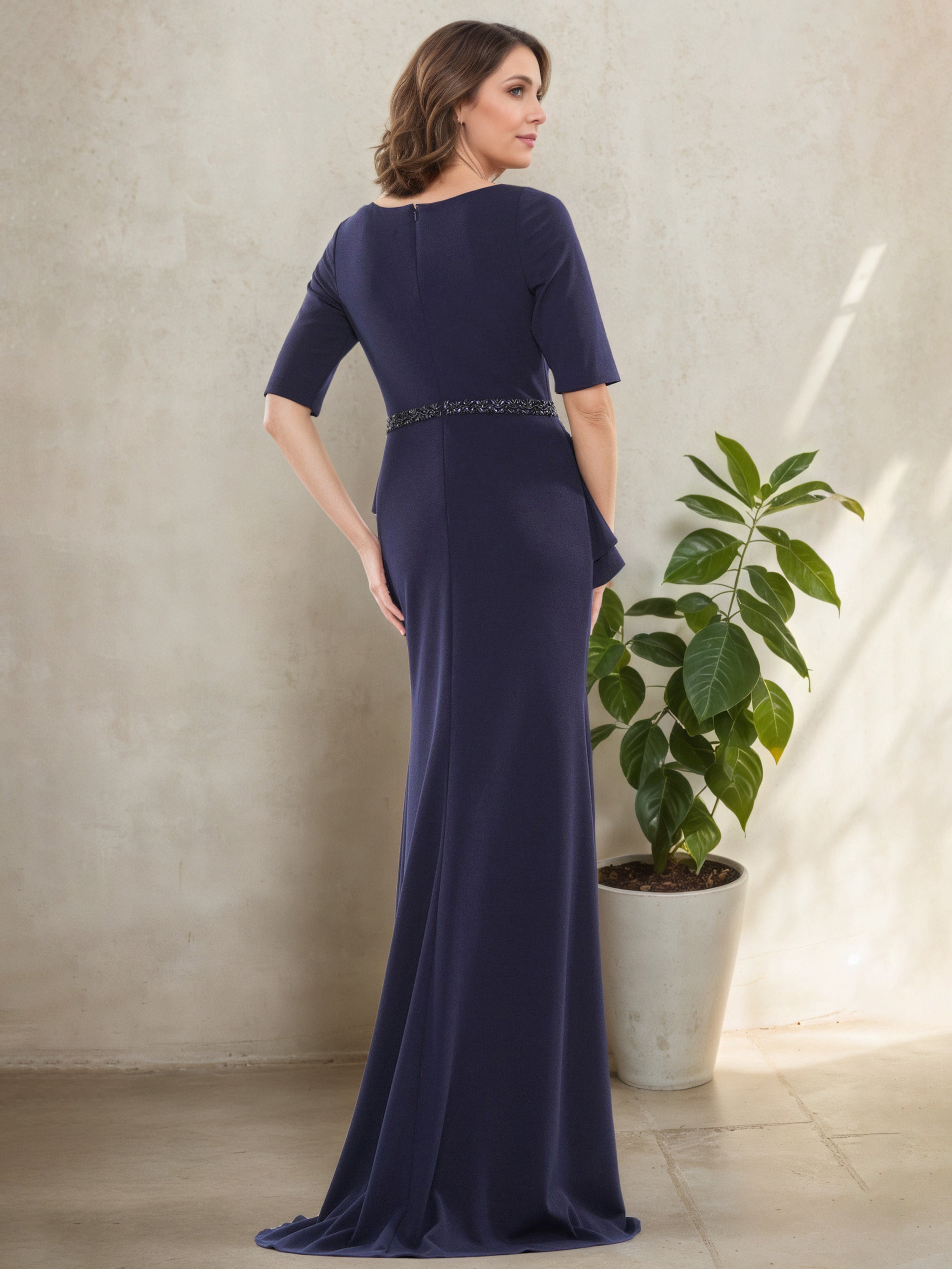 Square Neck Navy Blue Half Sleeves Mother Of The Bride Dress