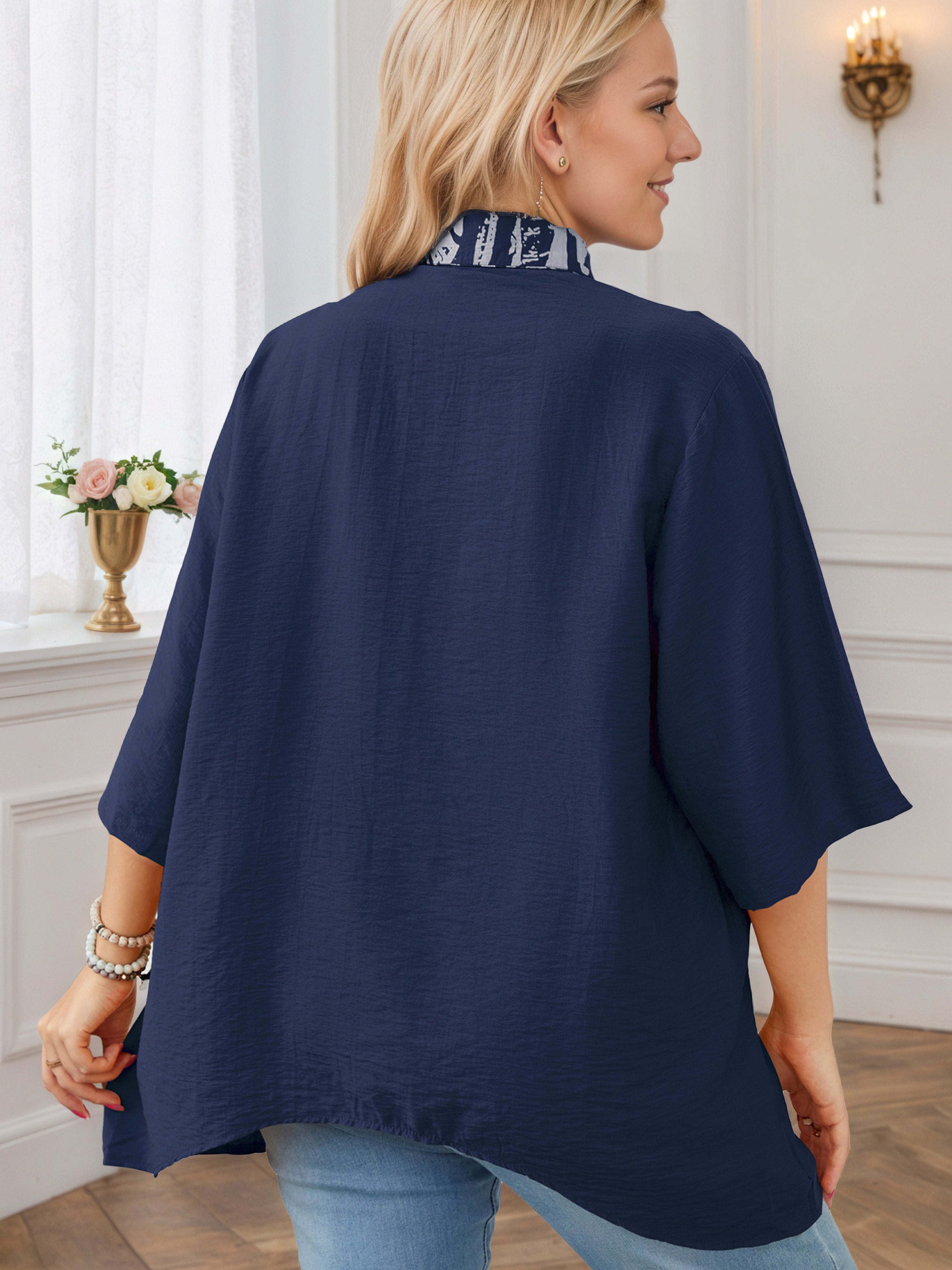 Plus Front Bottom Dark Navy Round Neck Asymmetrical Hem Tee