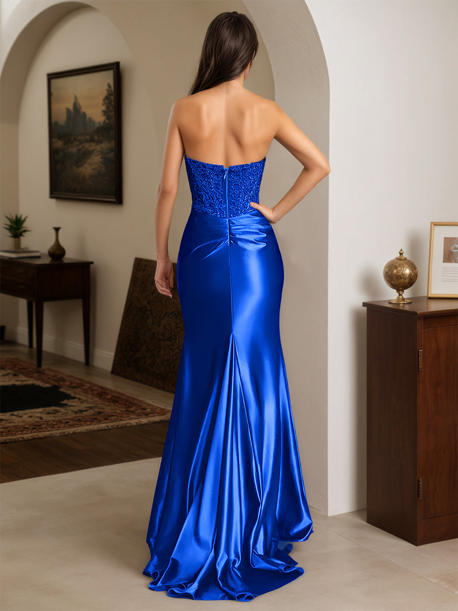 Cicinia Royal Blue Prom Dresses Stretch Satin Trumpet Strapless Appliques Slit Lace Evening Dress