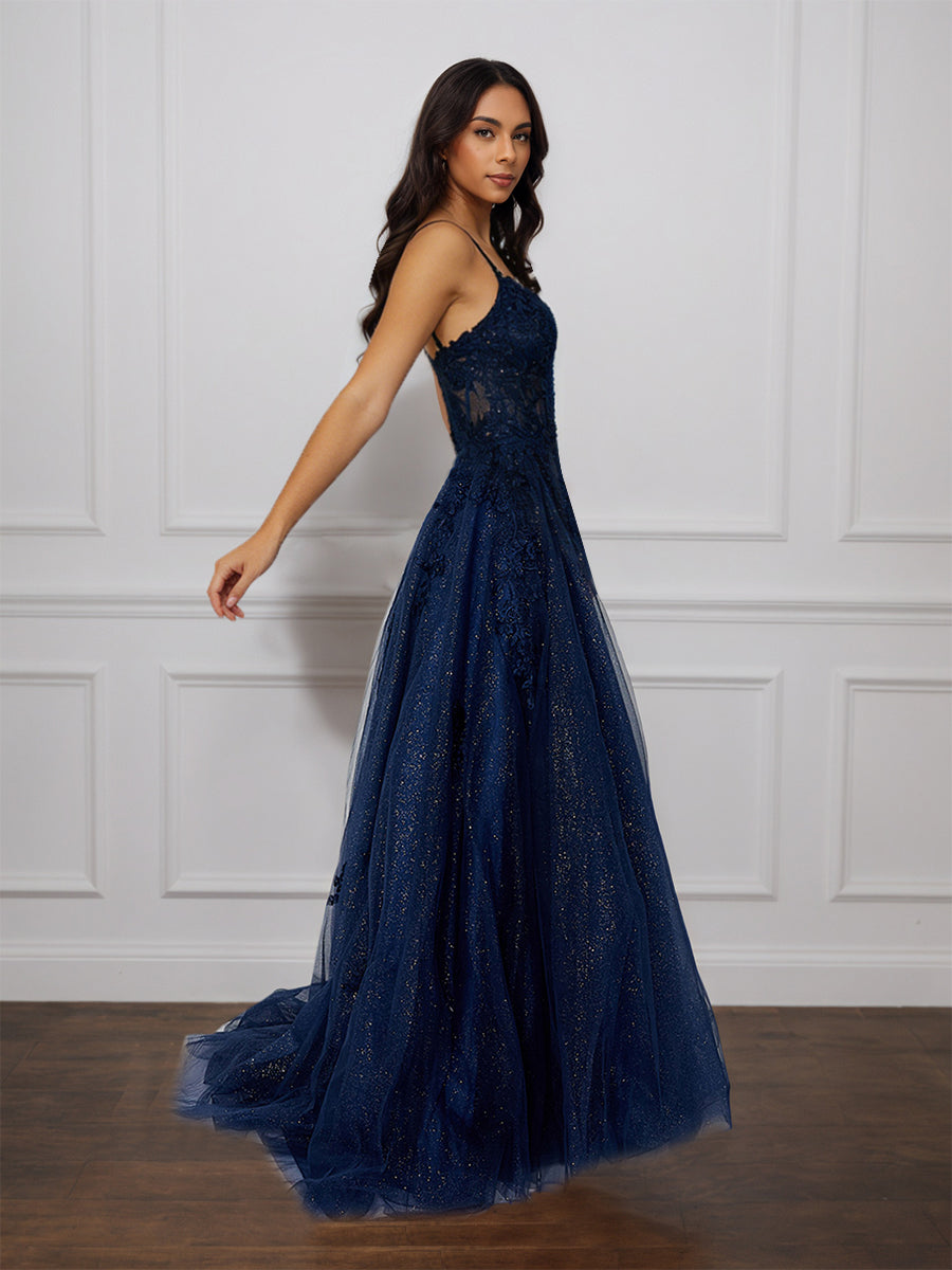 Cicinia Dark Navy Prom Dresses Glitter Tulle A-Line Spaghetti Straps Sweep Train Evening Gown