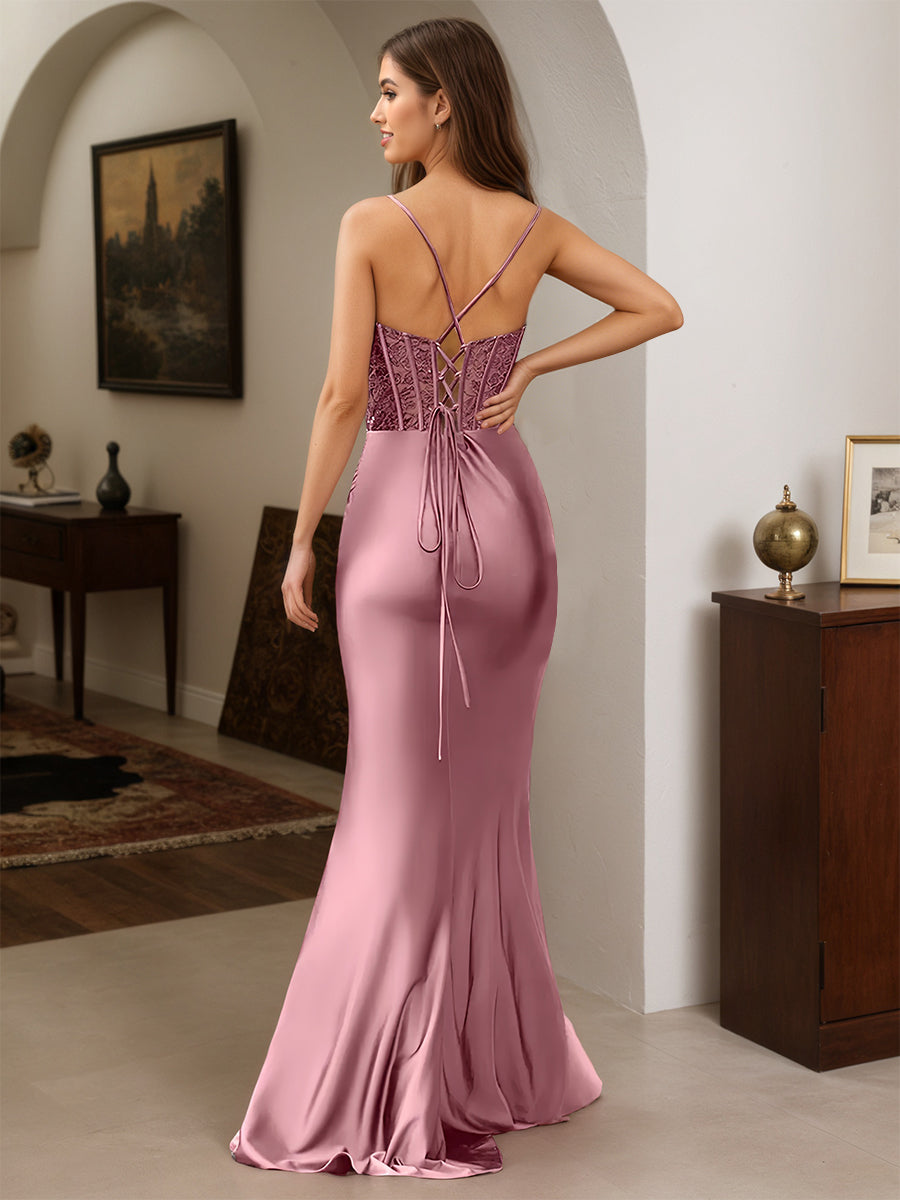 Cicinia Cameo Brown Prom Dresses Lace Spaghetti Straps Trumpet/Mermaid V-Neck Slit Sweep Train