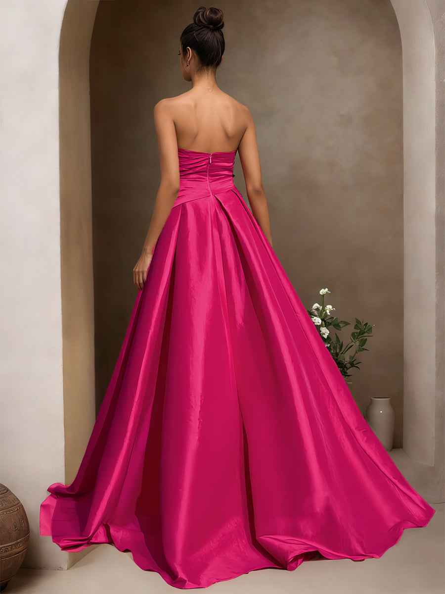 Cicinia Fuchsia Prom Dresses Taffeta Strapless Sweep Train Bowknot A-Line Evening Gowns