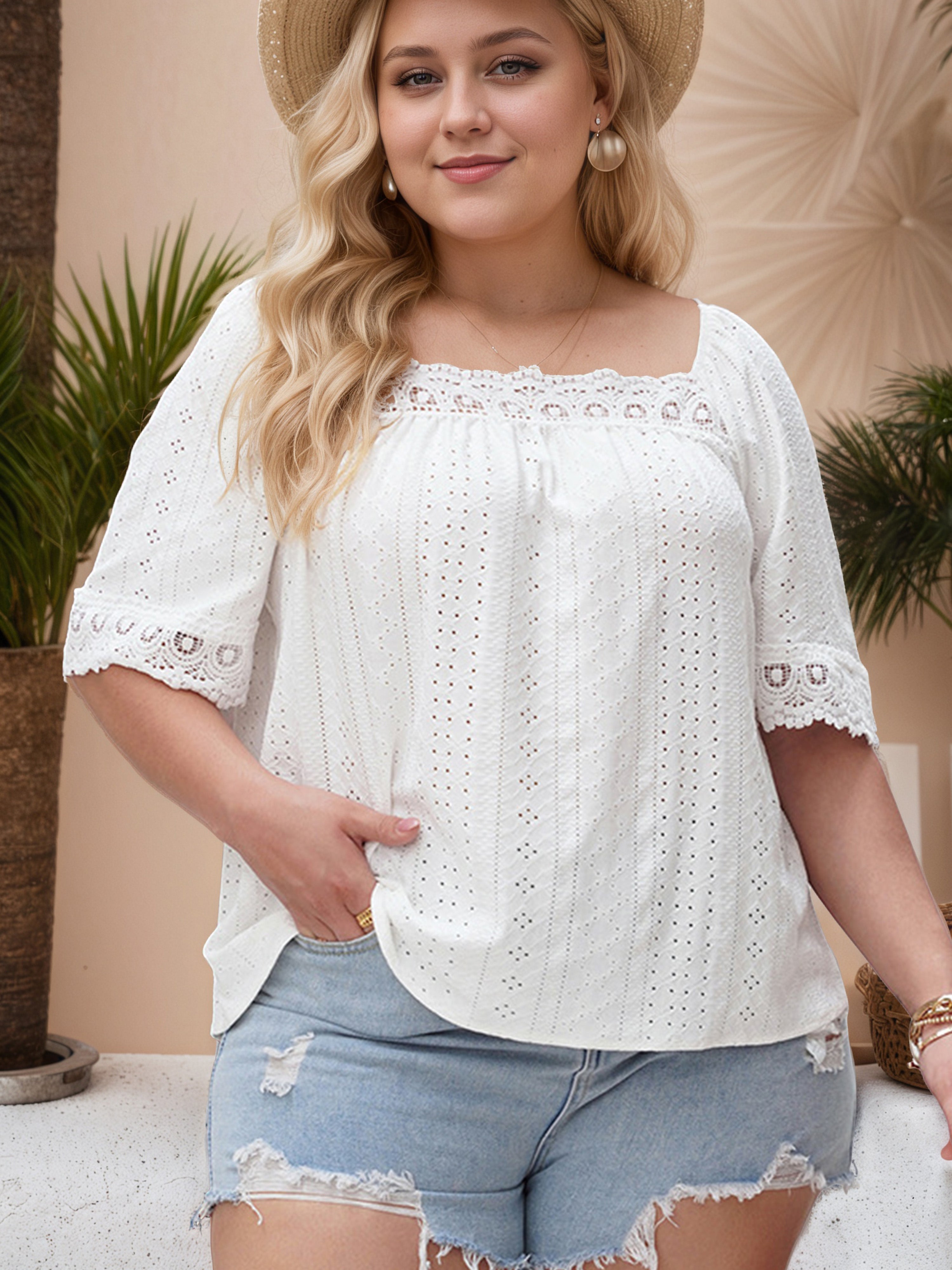 Plus Square Neckline Half Sleeves Ruffle Lace Blouse