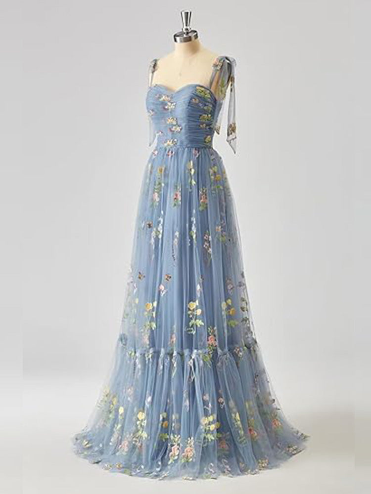 A-Line/Elegant Straps Sleeveless Applique Tulle Plus Size Prom Dresses