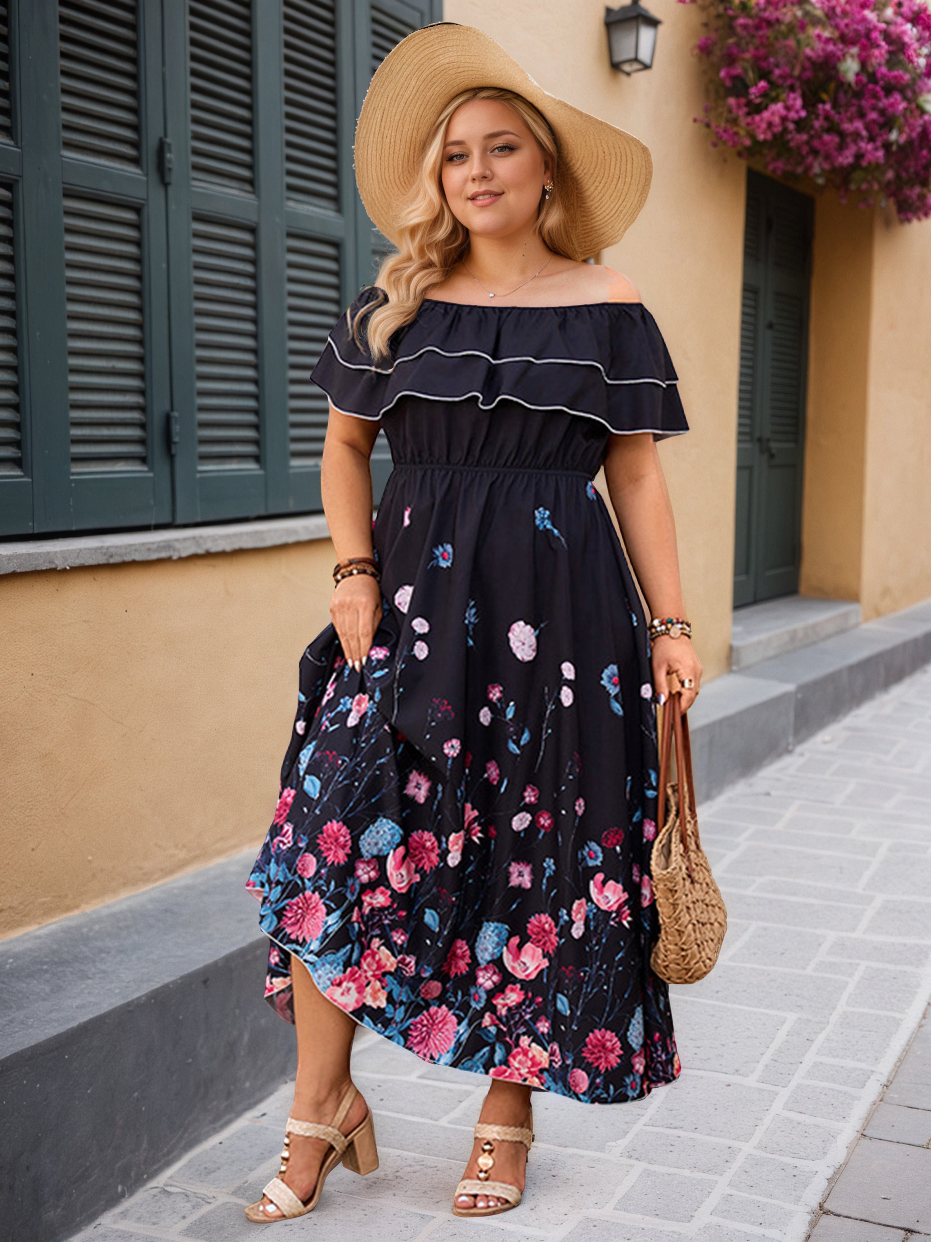Ruffle Off The Shoulder Floral Printed Hem Black Plus Size Dress