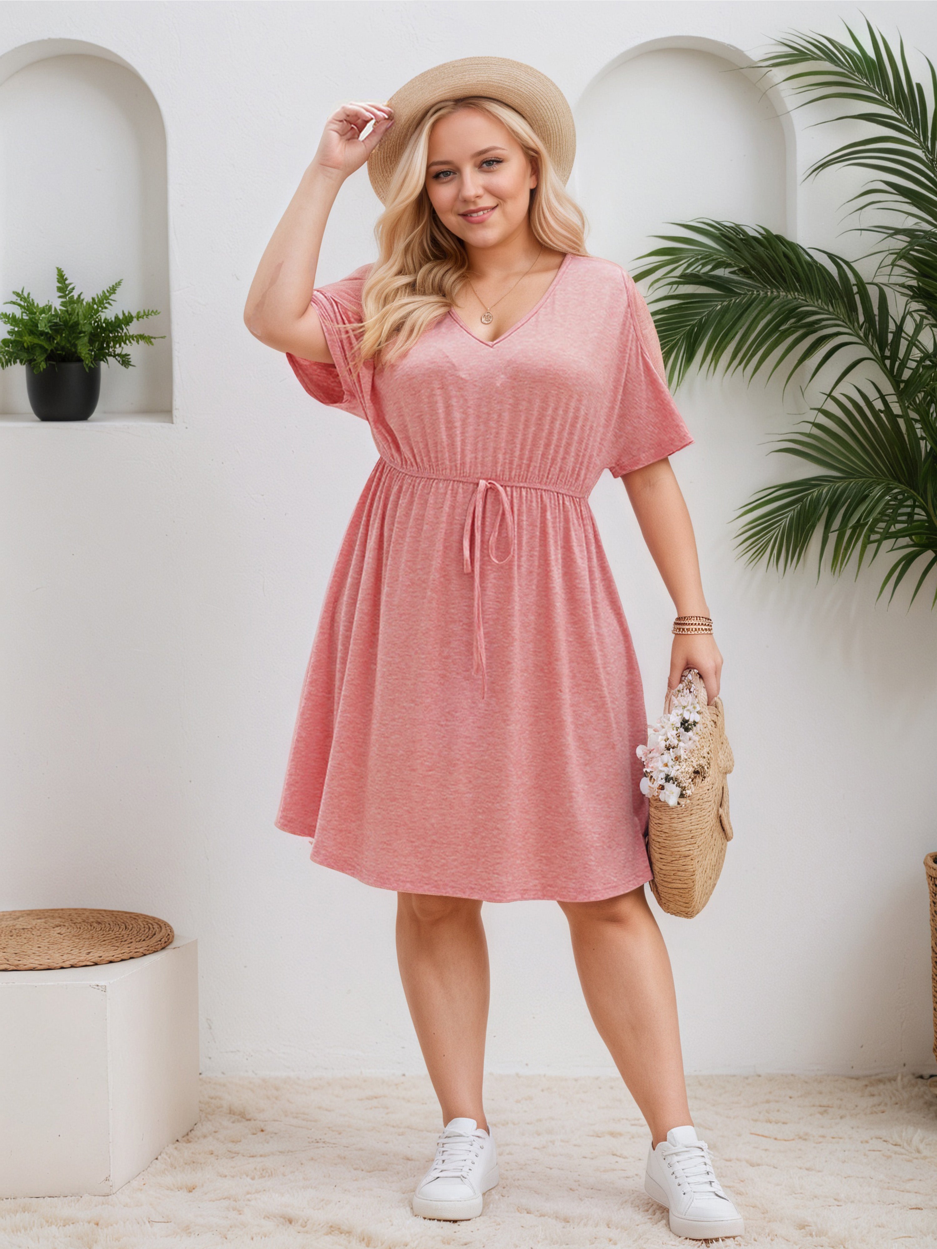 Flamingo V-Neck Half Sleeves Loose Plus Size Dress
