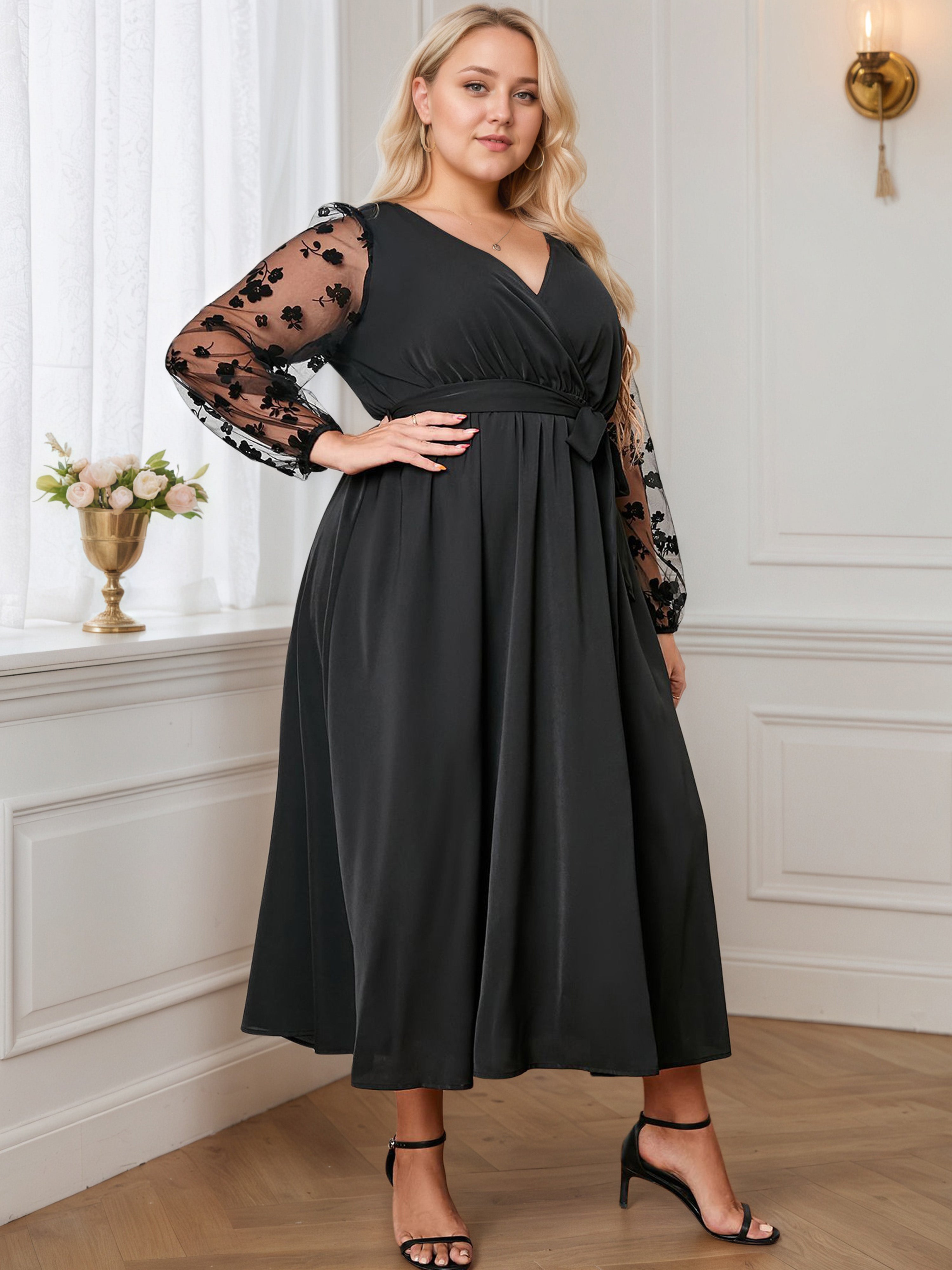 Illusion Lantern Sleeve V-Neck Black Ankle-Length Plus Size Dress