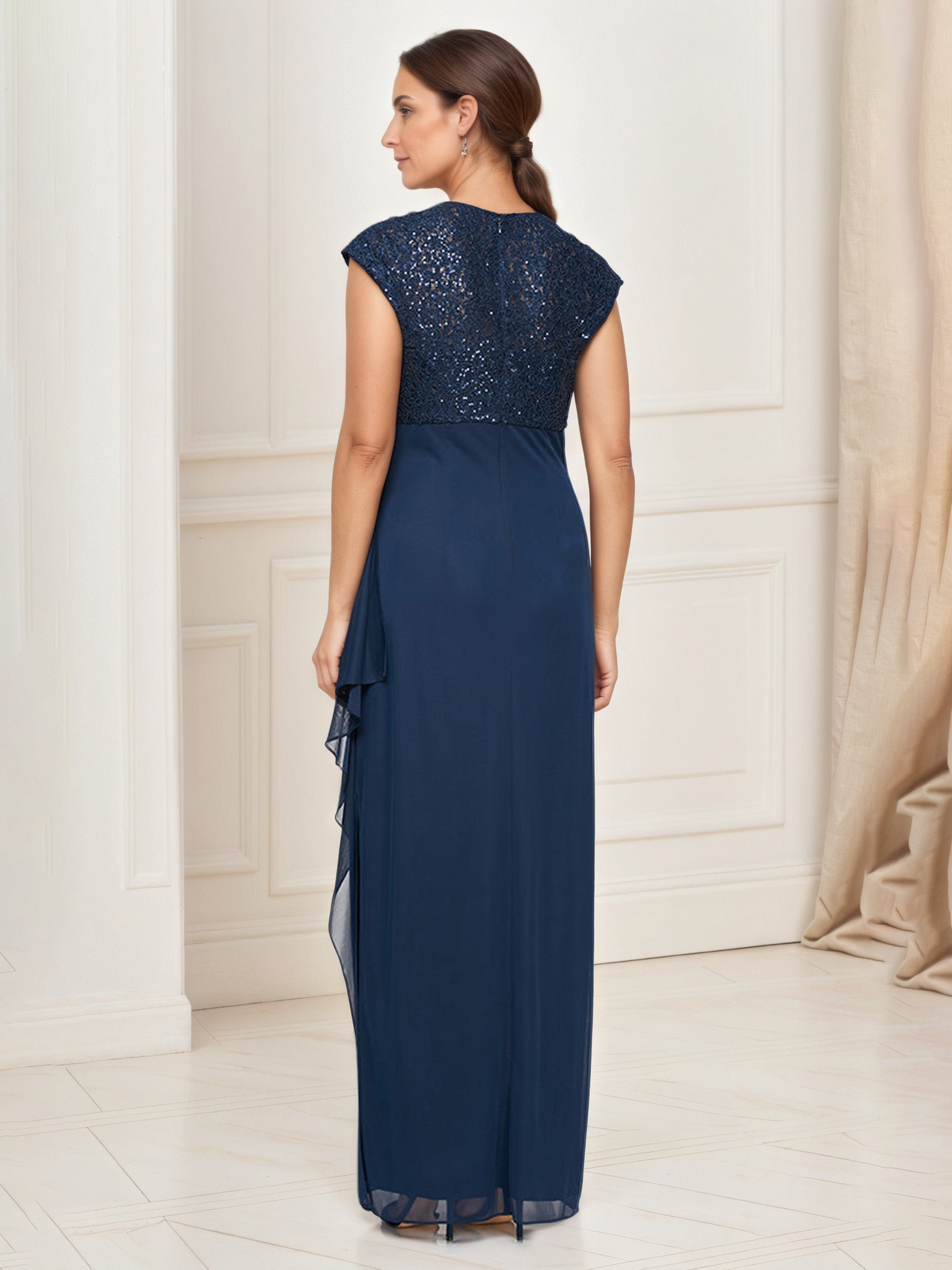 Cap Sleeve Empire Waist Dark Navy Dress Mother Of The Bride Dress With Split