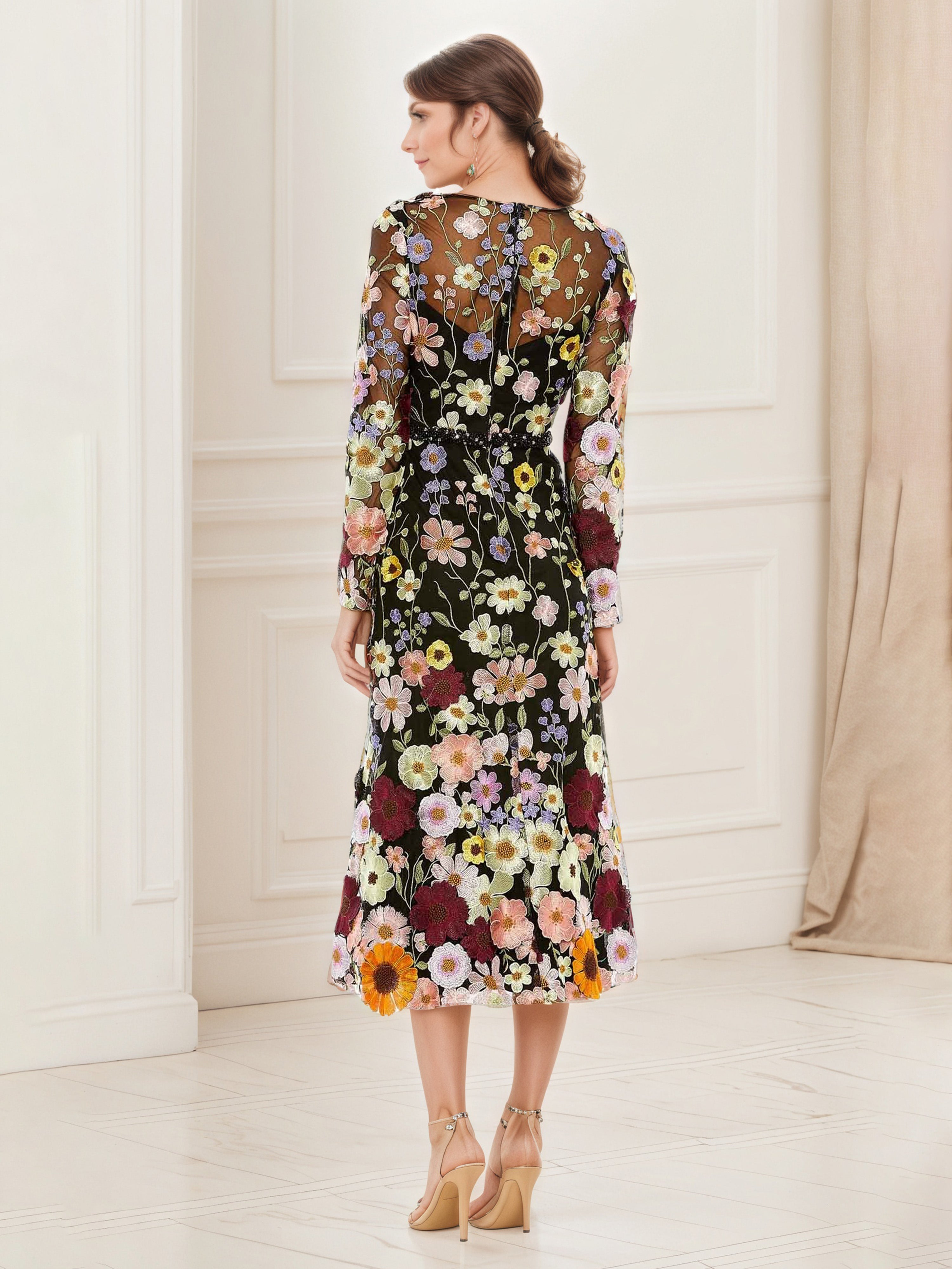 Flower Embroidered Black Prom Dress UK Long Sleeves Tea Length Prom Dress