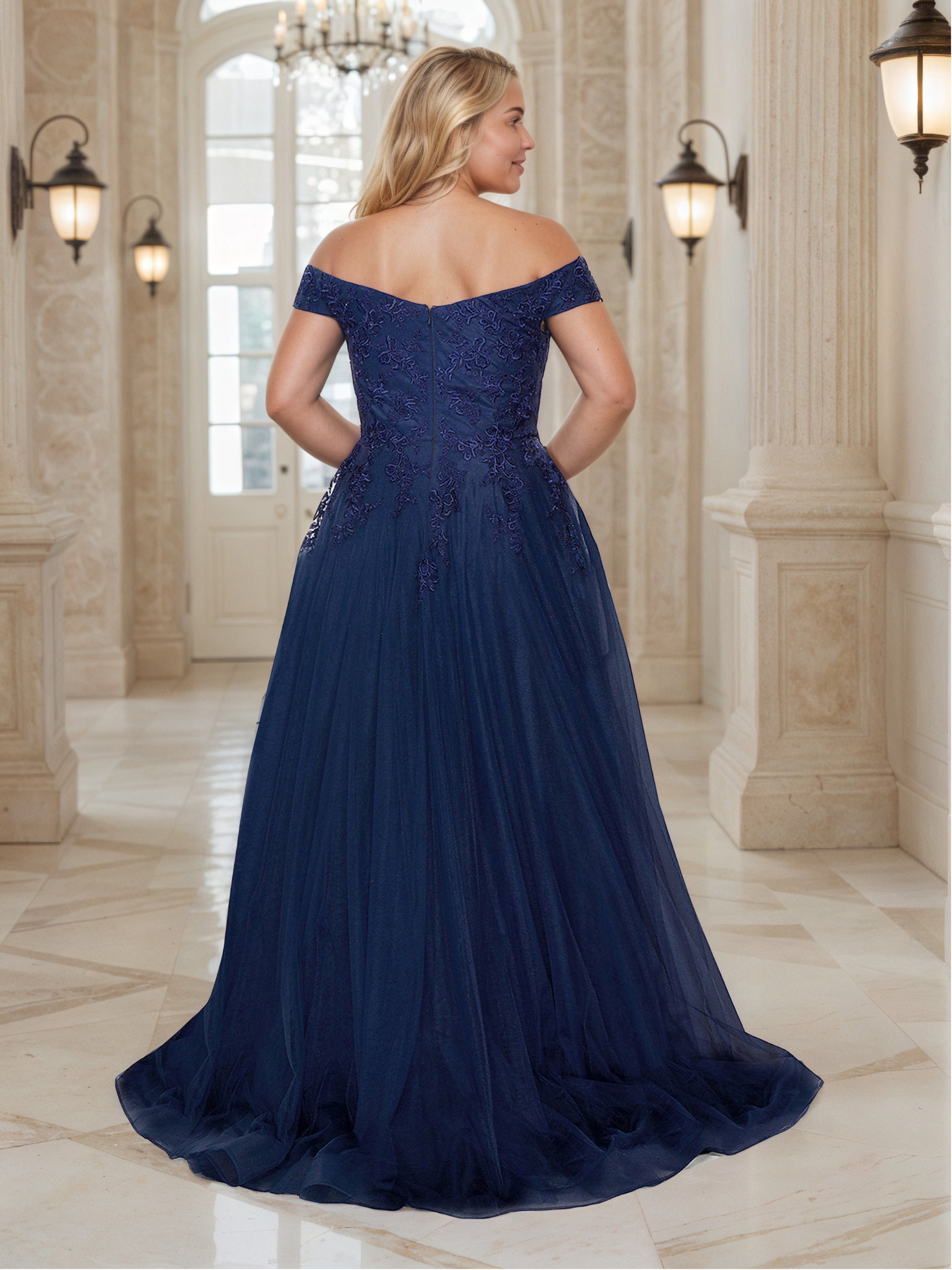 Off The Shoulder Lace Embroidery Sleeveless Sweep/Brush Train Tulle Plus Size Dress with Split